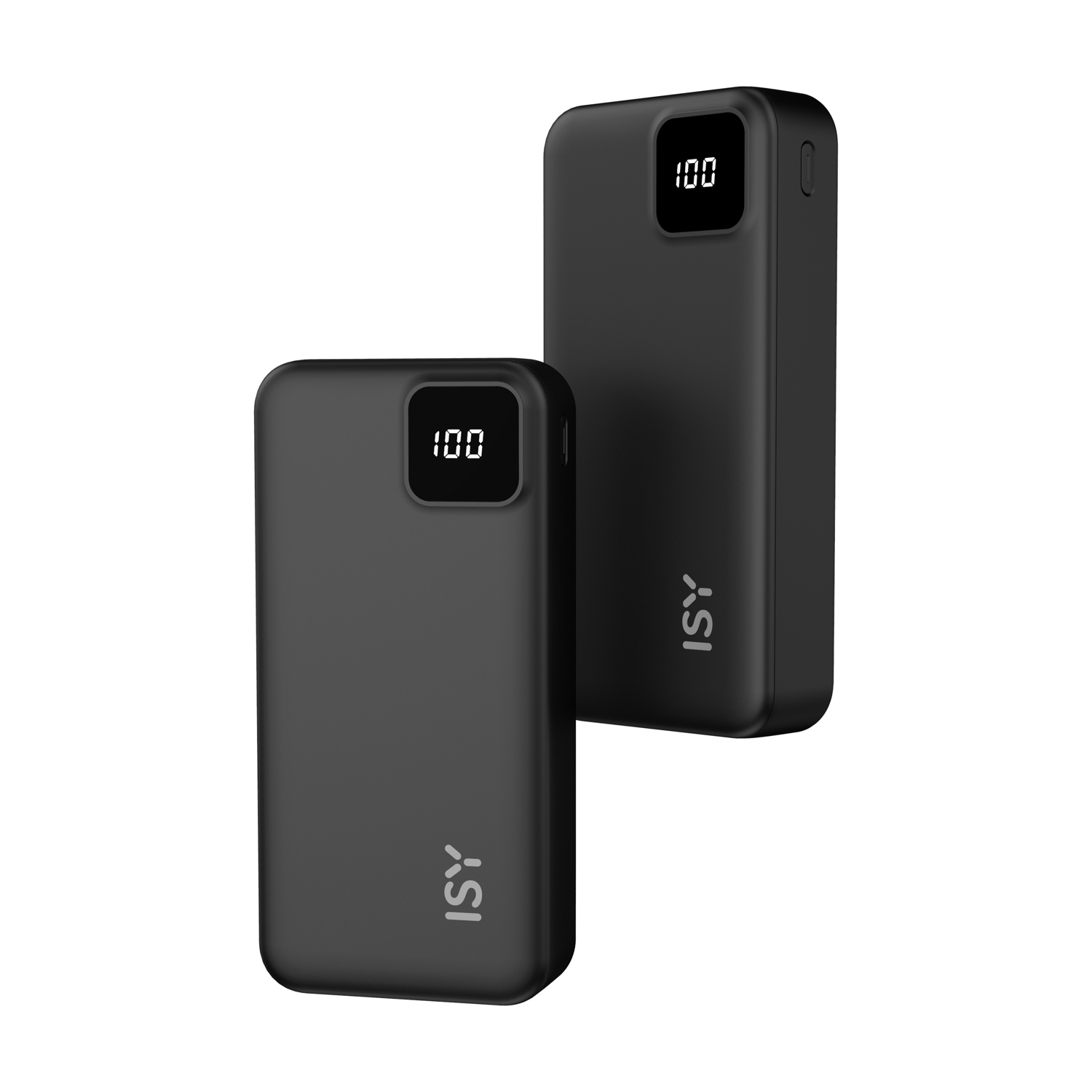 Due power bank neri con display digitali che mostrano la carica al 100%. I power bank hanno il logo 'ISY'.