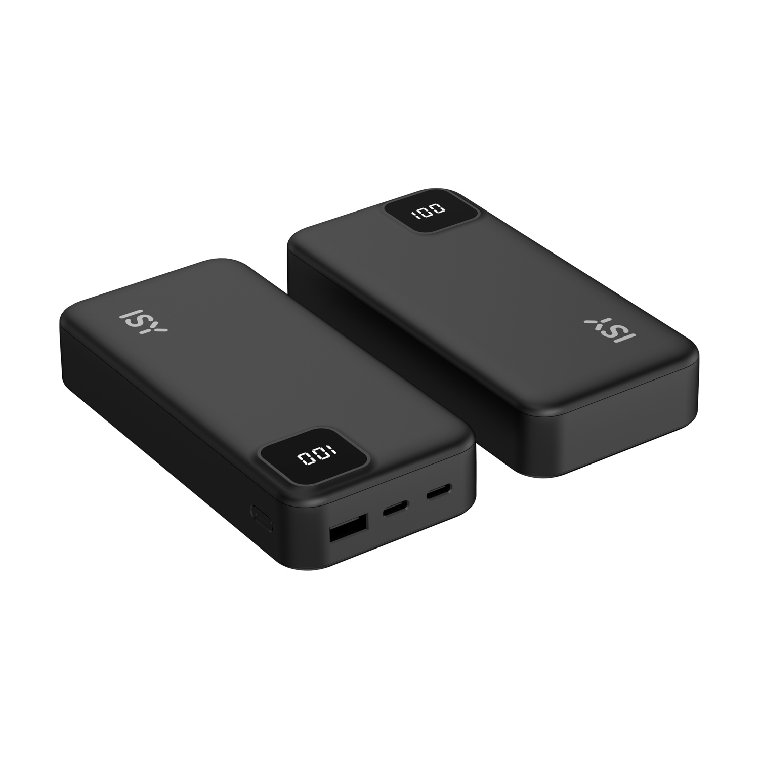 Due power bank rettangolari neri con display digitali che mostrano il 100%. Ognuno ha il logo 'ISY'.