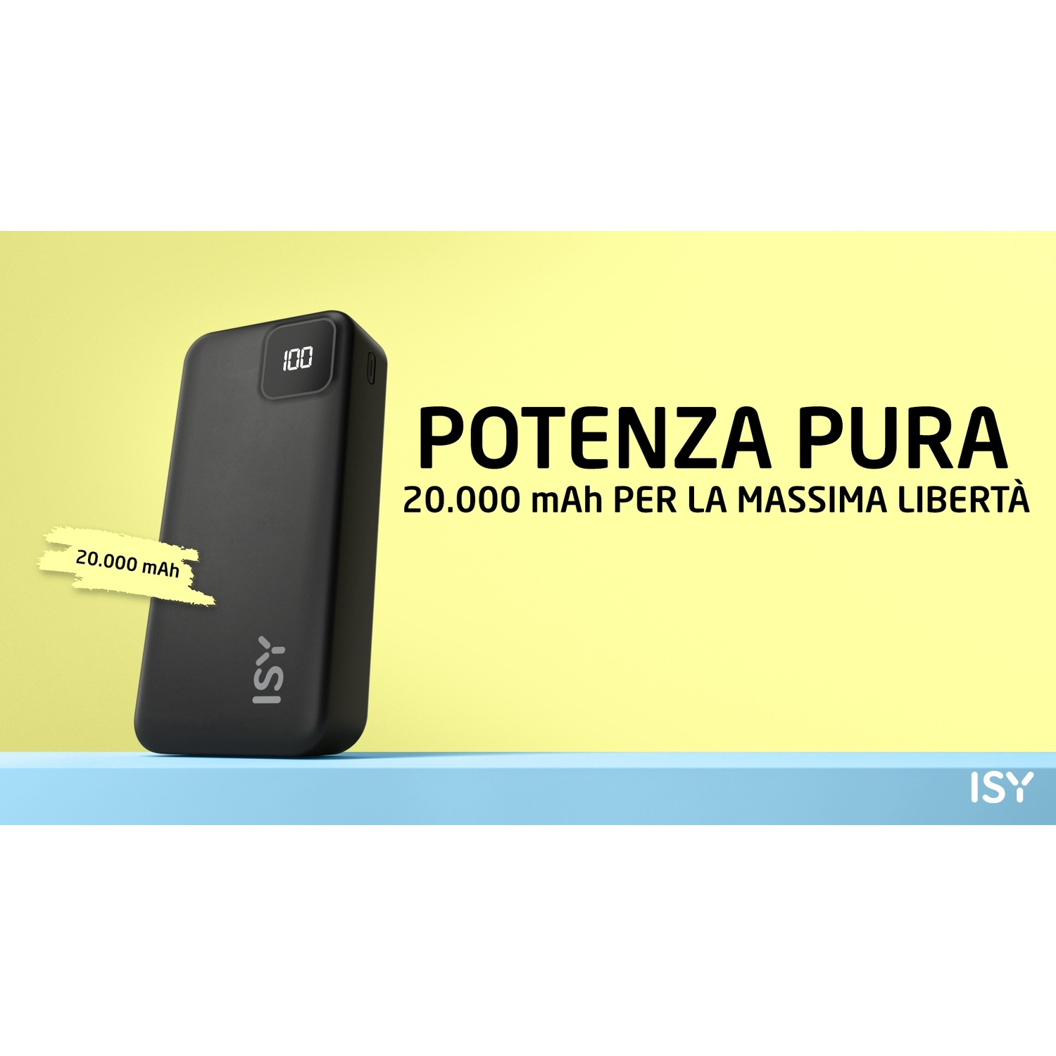 Power bank nero con carica al 100%, 20.000 mAh, e testo 'POTENZA PURA'. Sfondo giallo e blu.