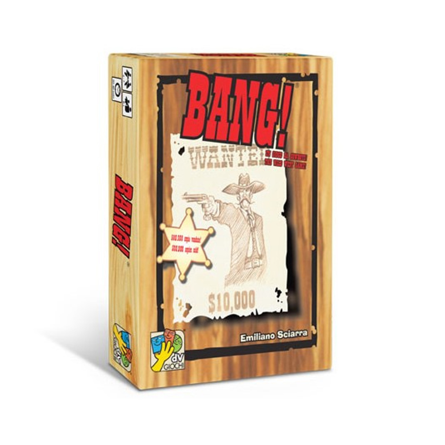 Scatola di gioco in cartone, titolo 'BANG!', illustrazione di un cowboy, manifesto 'wanted', distintivo dello sceriffo, sfondo venato legno.