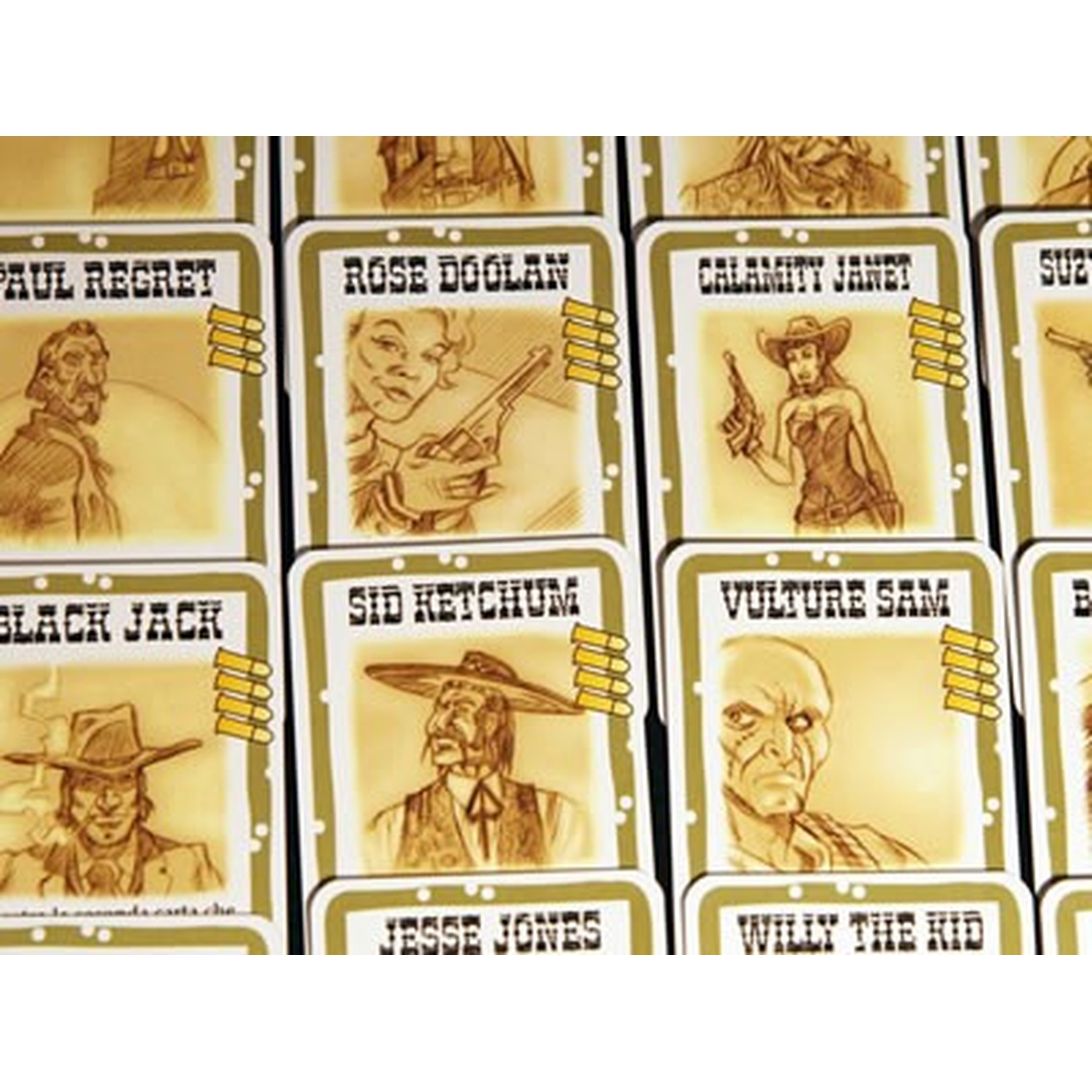 Carte di un gioco da tavolo a tema western. Vengono mostrate illustrazioni di personaggi come Rose Doolan e Calamity Janet.