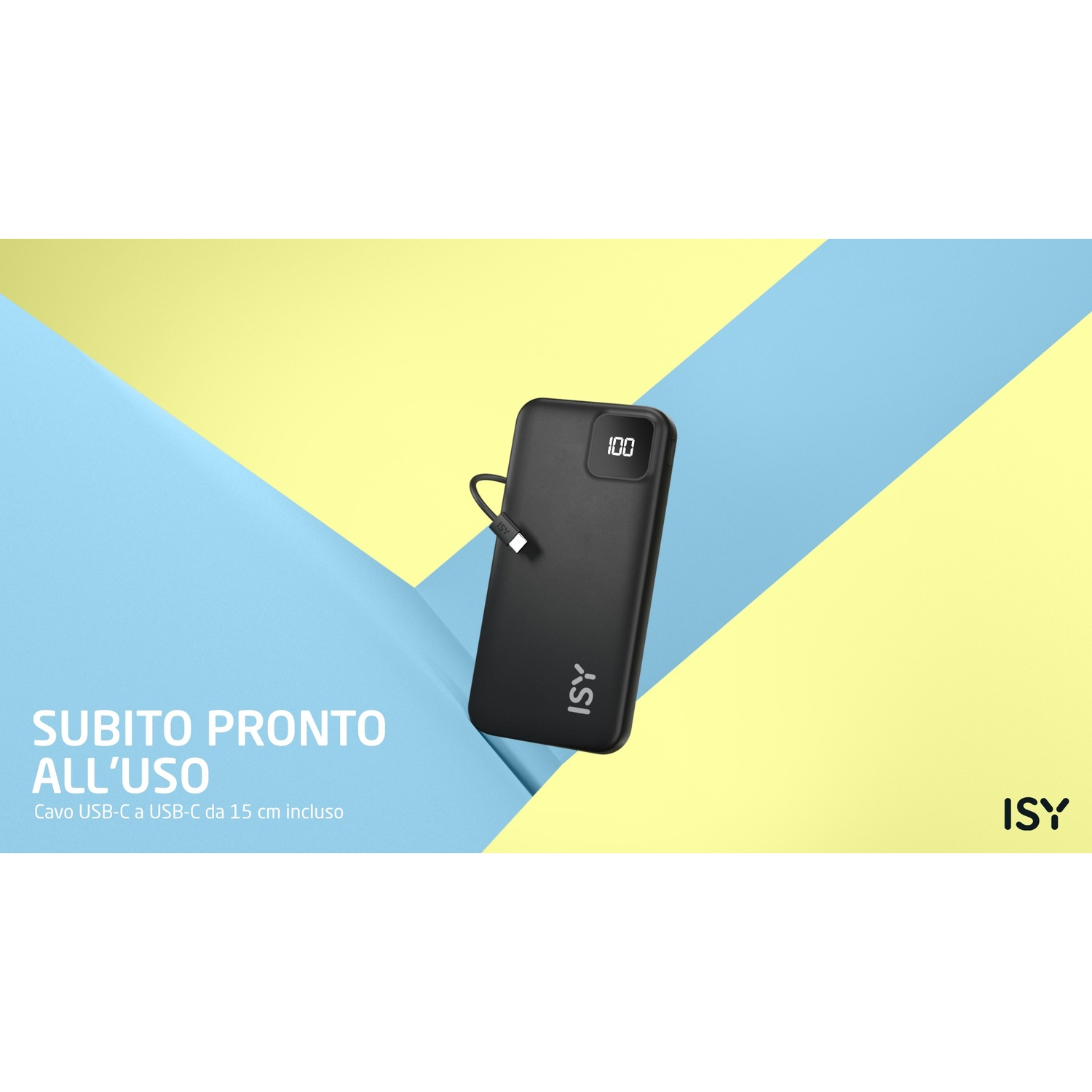 Un power bank nero con cavo USB-C e display digitale che mostra 100%. Lo sfondo è giallo e blu.