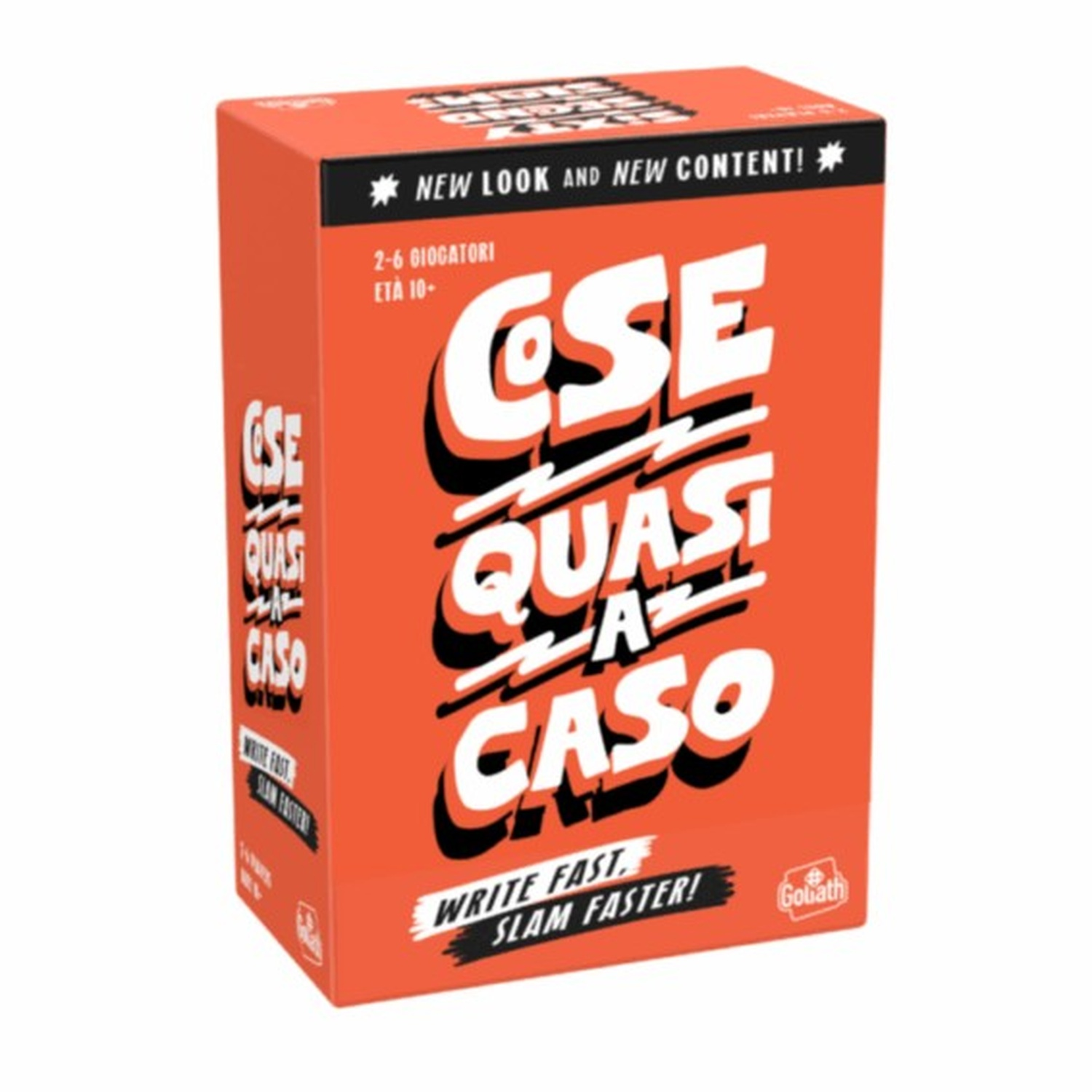 Scatola di gioco arancione con testo bianco: 'CSE QUASI A CASO'. C'è scritto 'Write fast, slam faster'. 'New Look and New Content!'