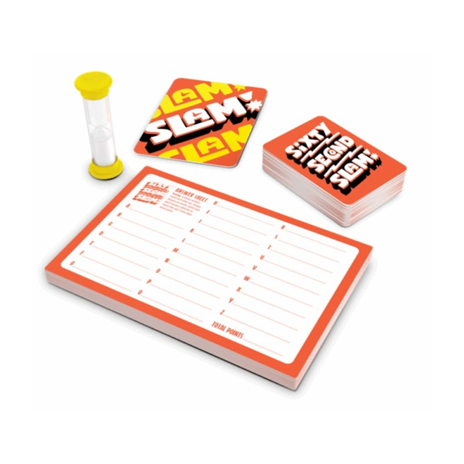 Set di gioco con carte, clessidra e foglio risposte. Le carte sono arancioni e gialle. Il set è su sfondo bianco.