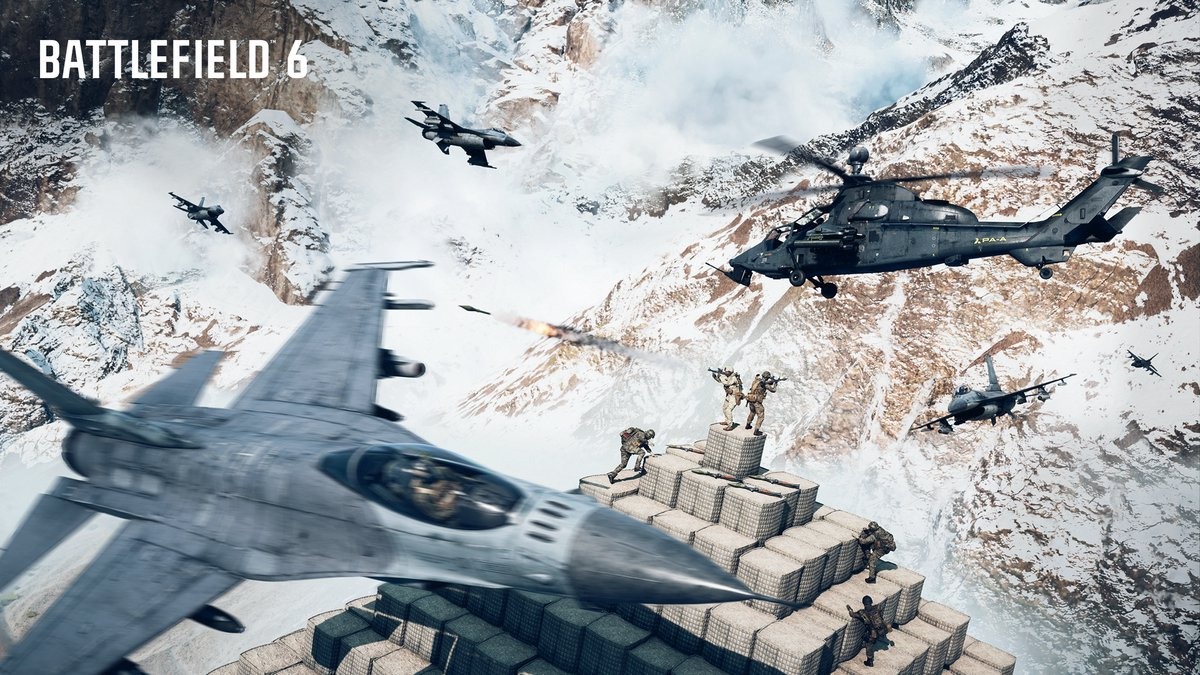 Escena militar con aviones, helicóptero, soldados y explosiones en un paisaje montañoso nevado. Logotipo Battlefield 6 arriba.