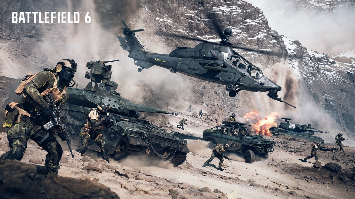 Una escena militar con un helicóptero, tanques, soldados y un vehículo en terreno rocoso con montañas nevadas al fondo.