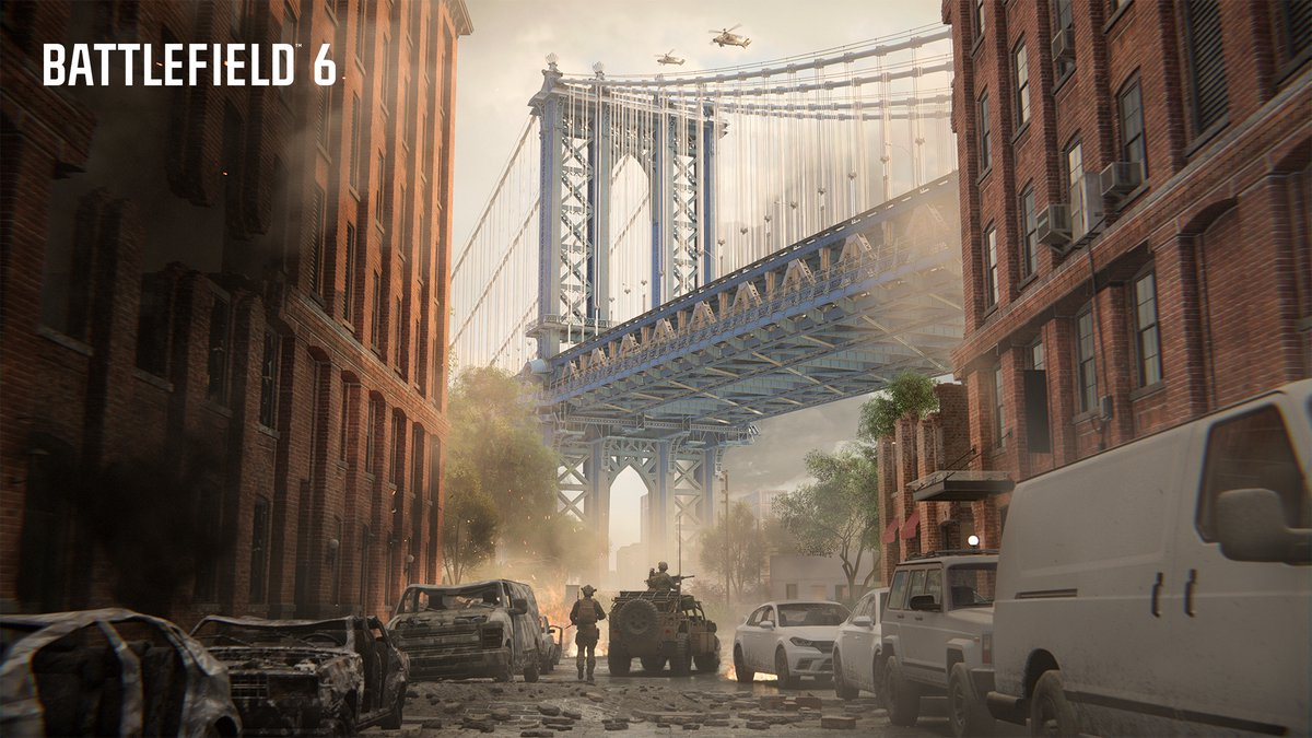 Escena de guerra urbana con un puente al fondo, soldados, coches destruidos y edificios con el logo de Battlefield 6.