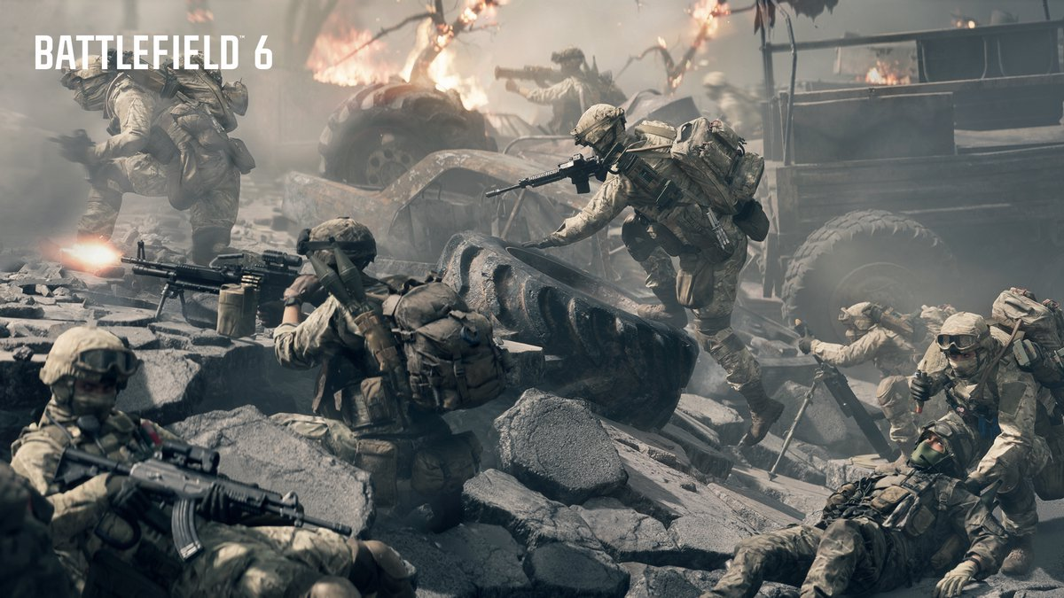 Soldados en combate. Explosiones y escombros rodean a soldados con armas y equipo. Logotipo de Battlefield 6 arriba.