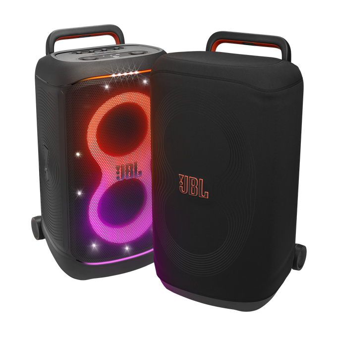 Zwei schwarze JBL-Party-Lautsprecher. Einer hat ein beleuchtetes, farbenfrohes 8-förmiges Design.