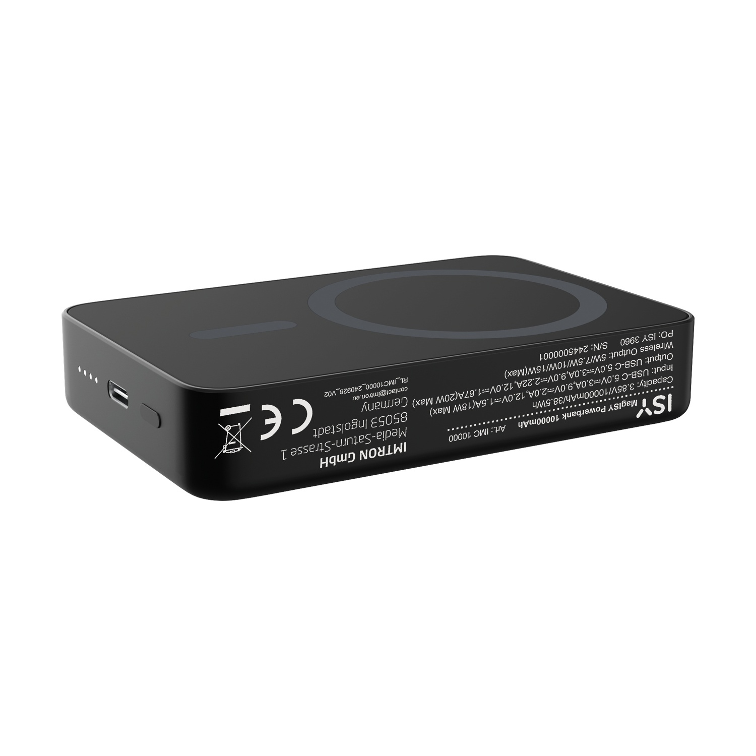 Power bank nero con area di ricarica circolare. Testo: marchio, specifiche e certificazioni.