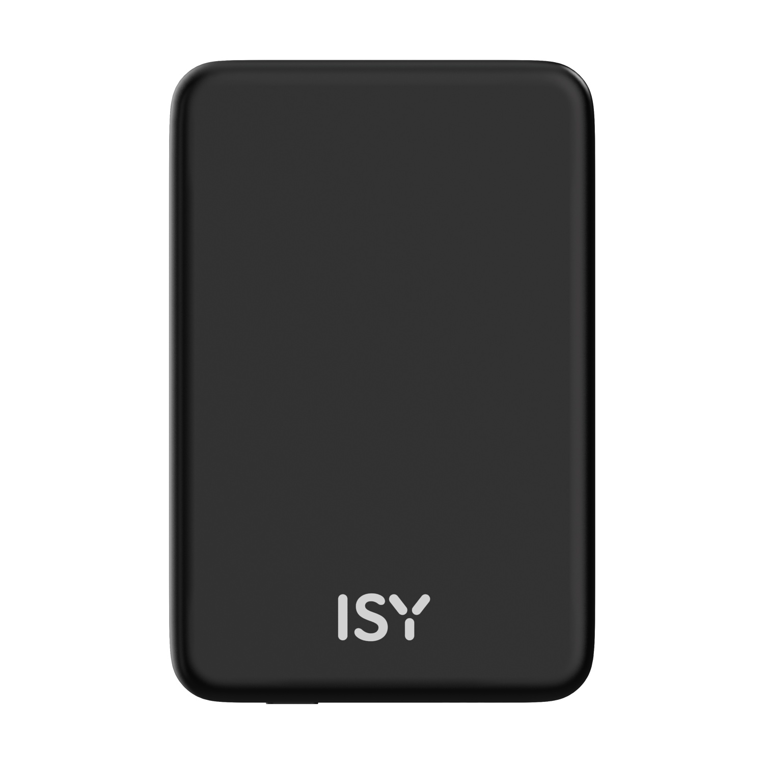Un power bank nero rettangolare con angoli arrotondati. Le lettere bianche 'ISY' sono stampate in basso.