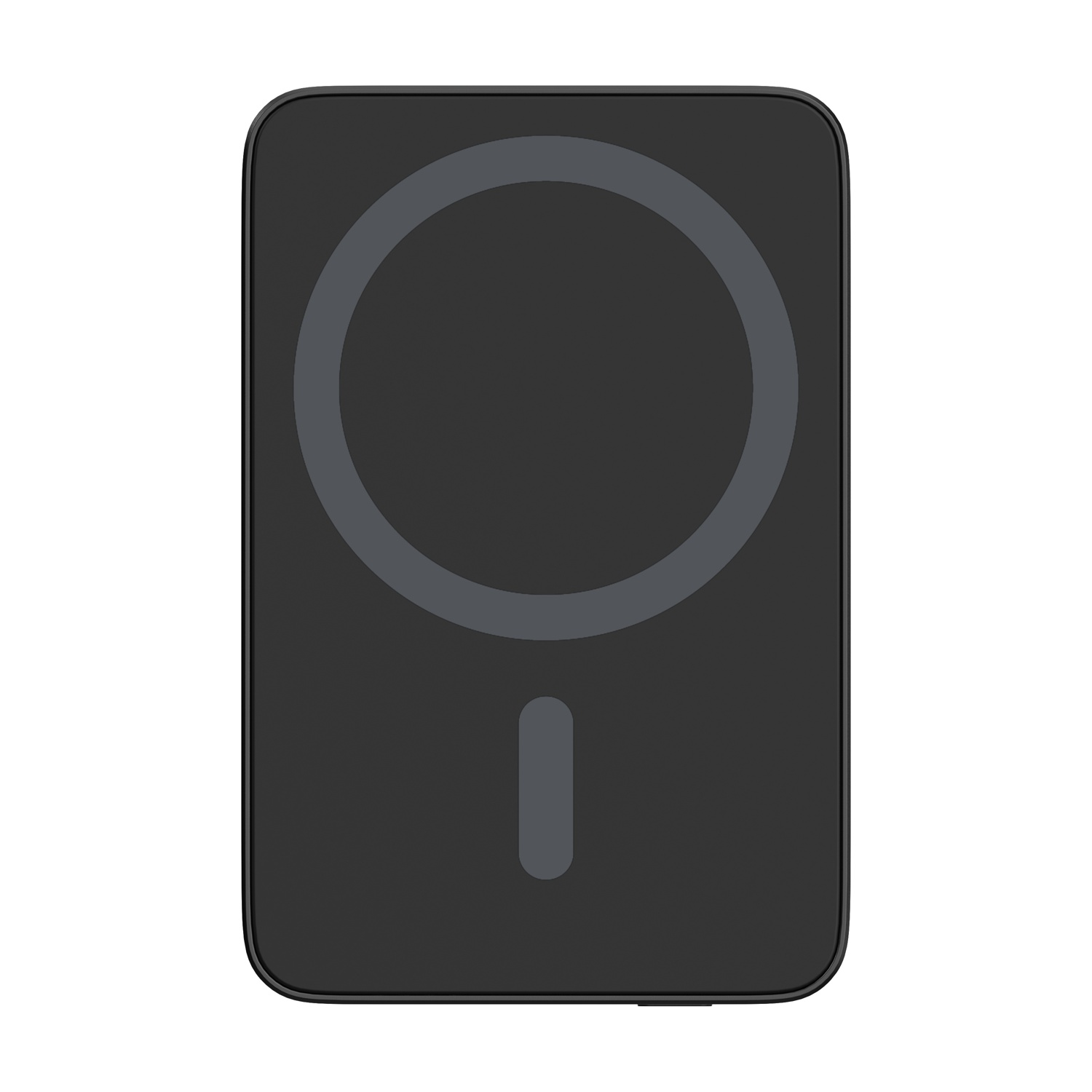 Un caricabatterie wireless rettangolare nero con un contorno circolare grigio e una barra verticale. Lo sfondo è bianco.