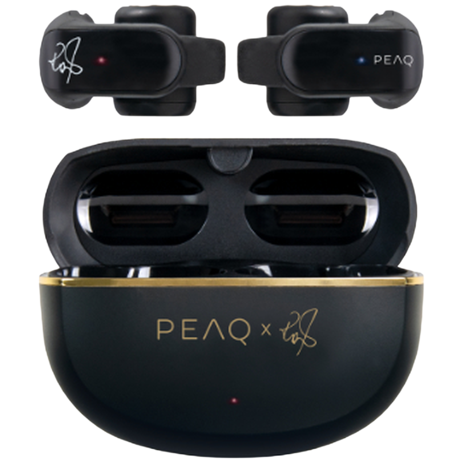 Zwarte oortelefoons, oplaadcase en twee aparte oortelefoons. De case is open. De merknaam is zichtbaar op de case en de oortelefoons.