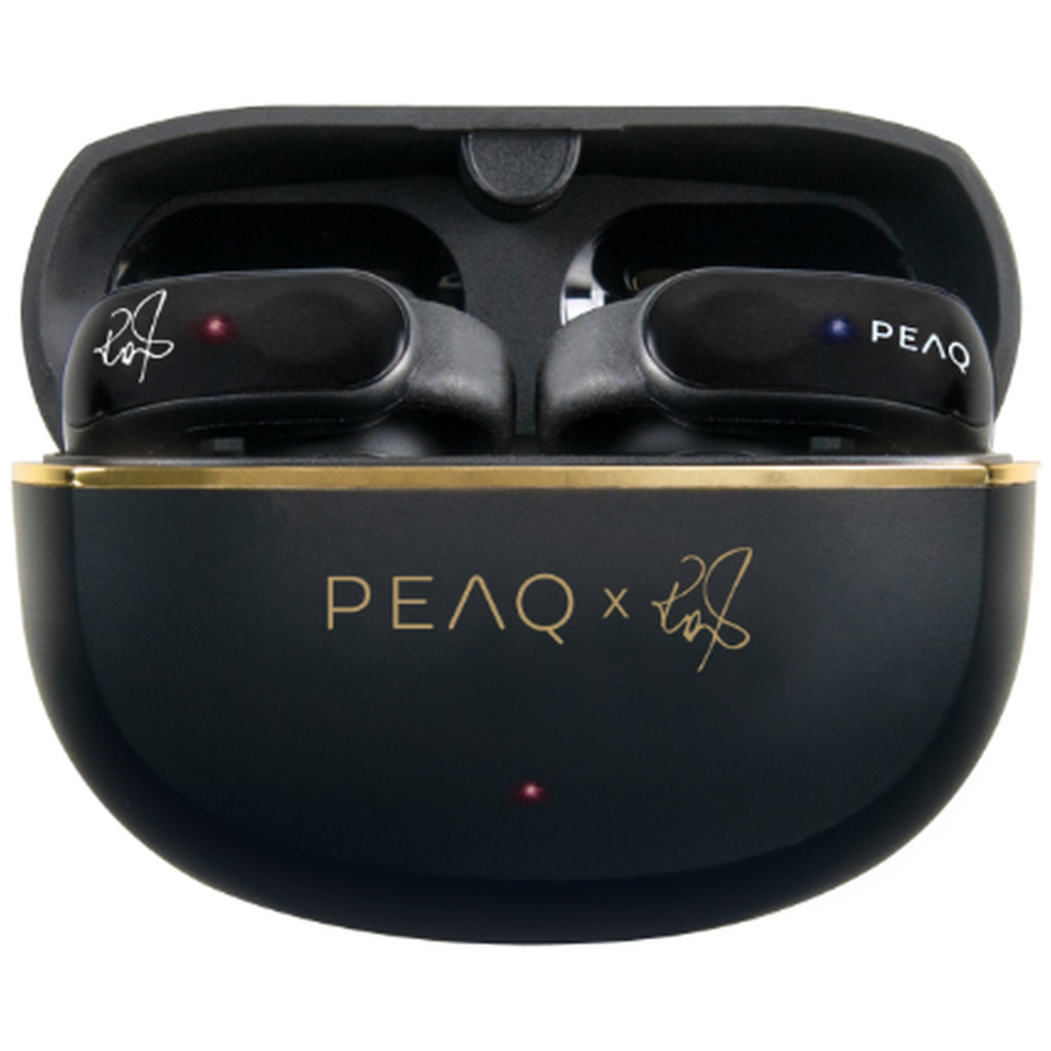Black earbuds in a charging case. The case has gold accents and branding. The earbuds have red and blue lights.