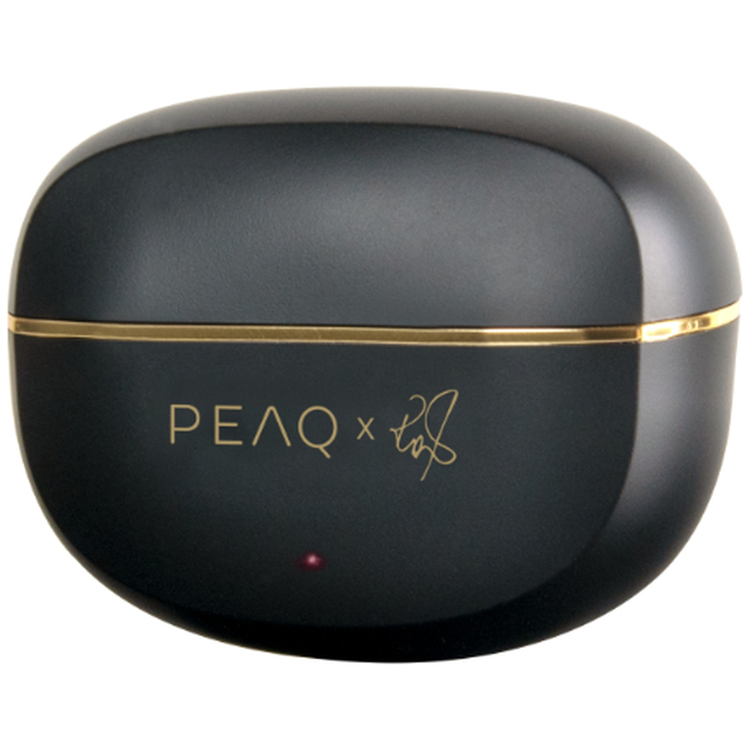 Black, oval earbud case with gold trim and lettering. Red light at bottom. The brand name is PEAQ x signature.