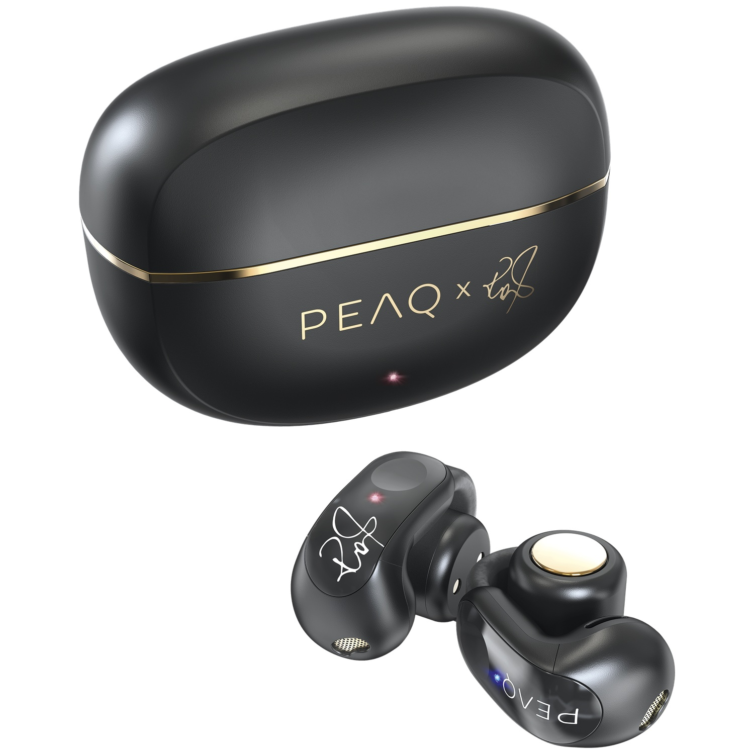Black earbuds and charging case with gold accents. The case has a logo. Earbuds have a signature and the brand name.