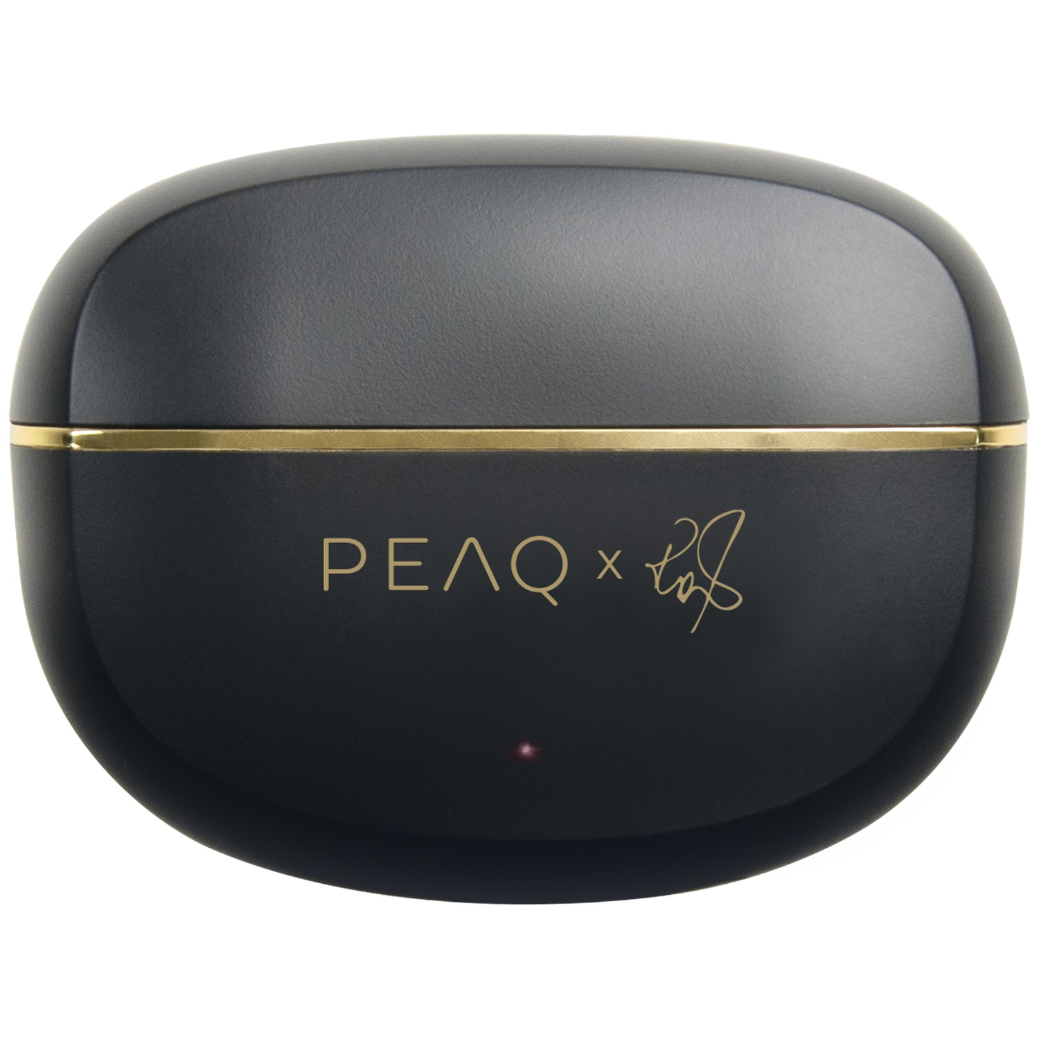 Black, oval earbud case with gold trim. The case has gold lettering that says PEAQ x and a signature. A small red light is visible.