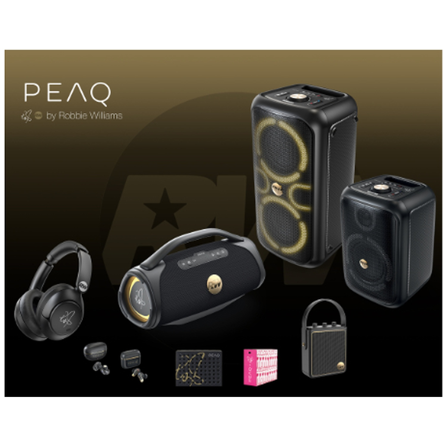 Black PEAQ audio products, including headphones, speakers, and earbuds, arranged on a dark golden background.