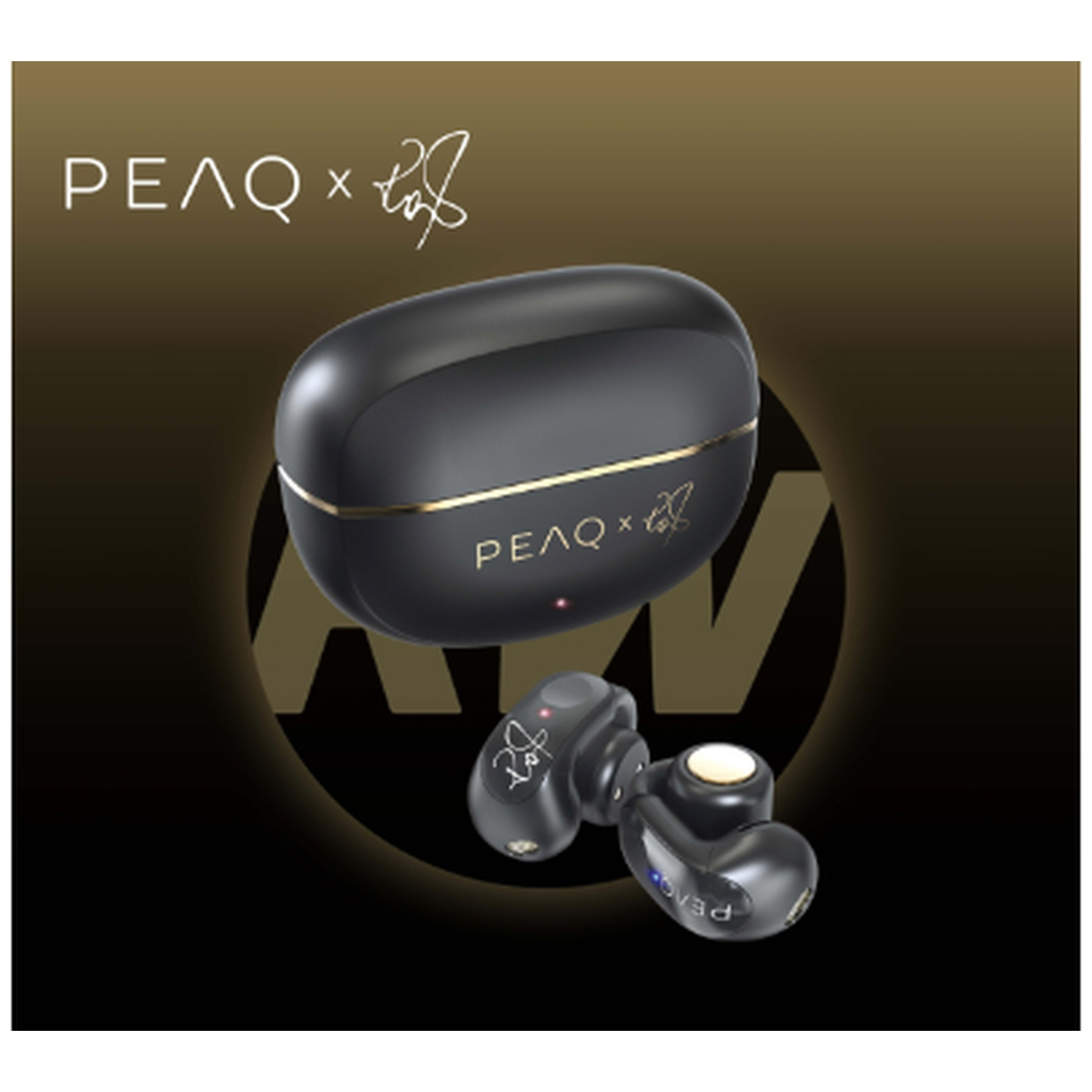 Black PEAQ earbuds with charging case, gold accents, and logo on a gradient black and gold background. Earbuds are visible too.