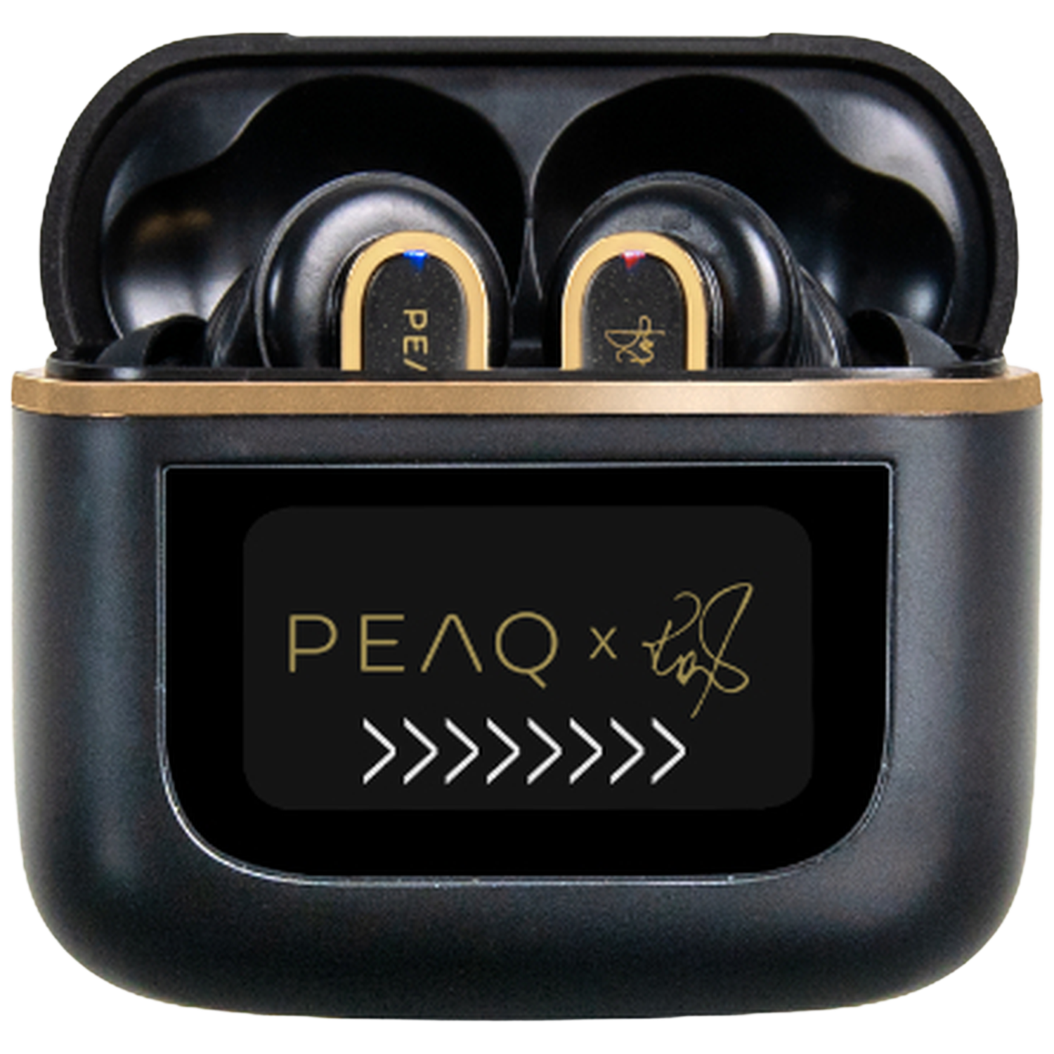 Zwarte oplaadcase voor oortelefoons met twee oortelefoons erin. De case heeft een gouden rand en een scherm met de merknaam.