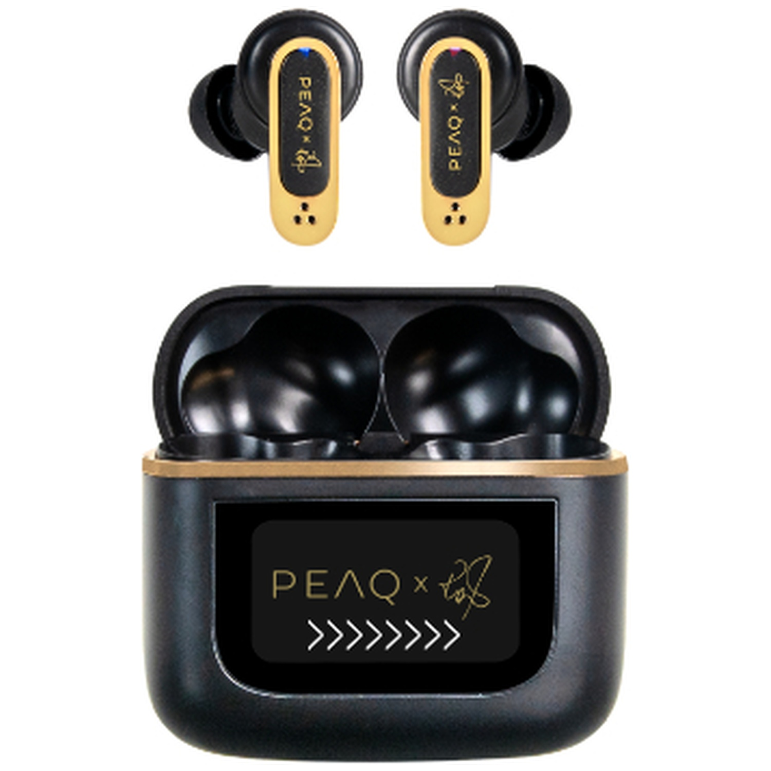 Black and gold wireless earbuds and charging case. Earbuds are above the open case. The case has a screen with the brand logo.