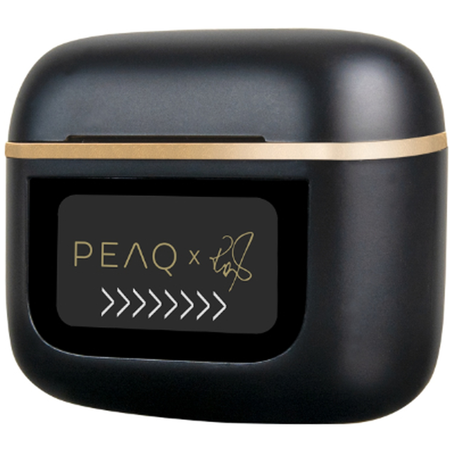 Black earbud case with gold trim and a black front panel. The panel has the word 'PEAQ' and arrows.
