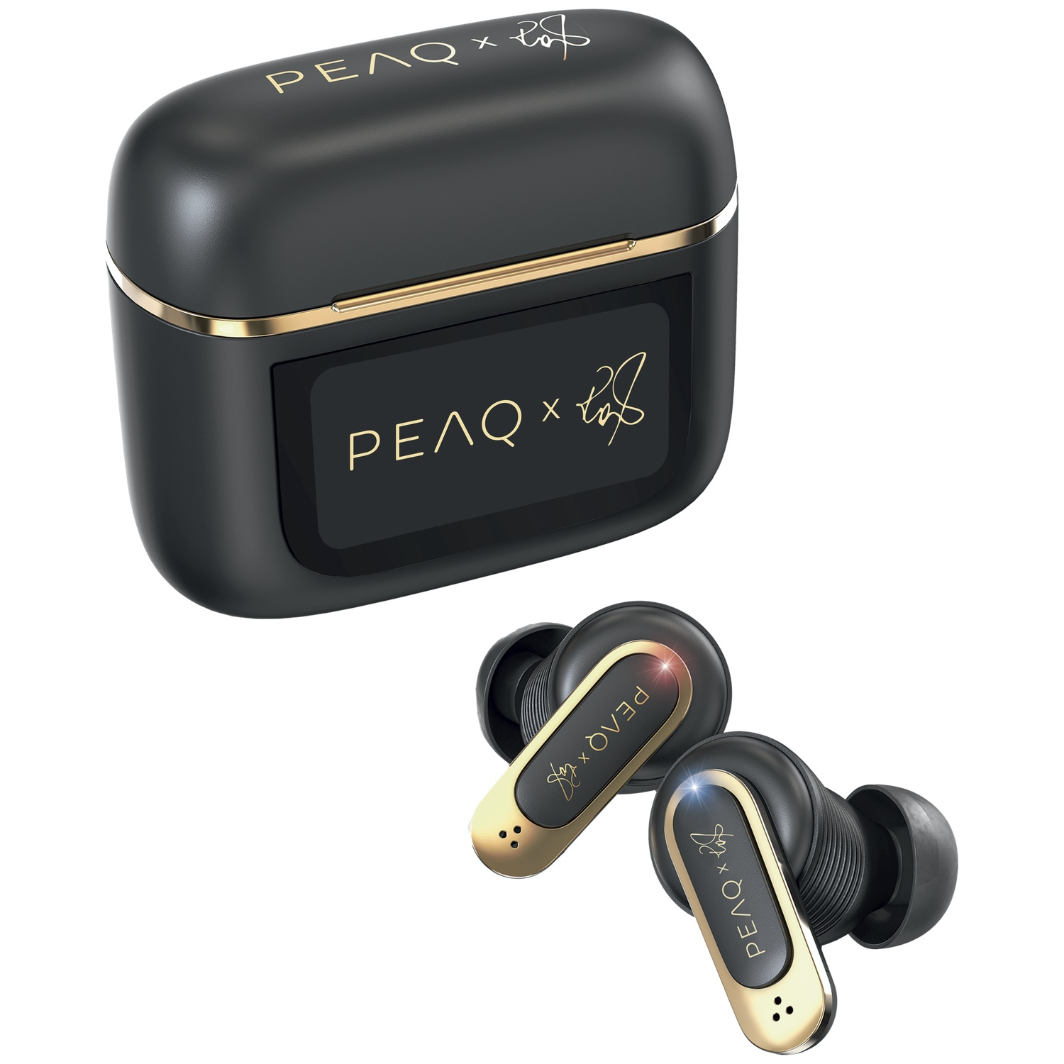 Black earbud case and two earbuds. Gold accents and logo. White background.