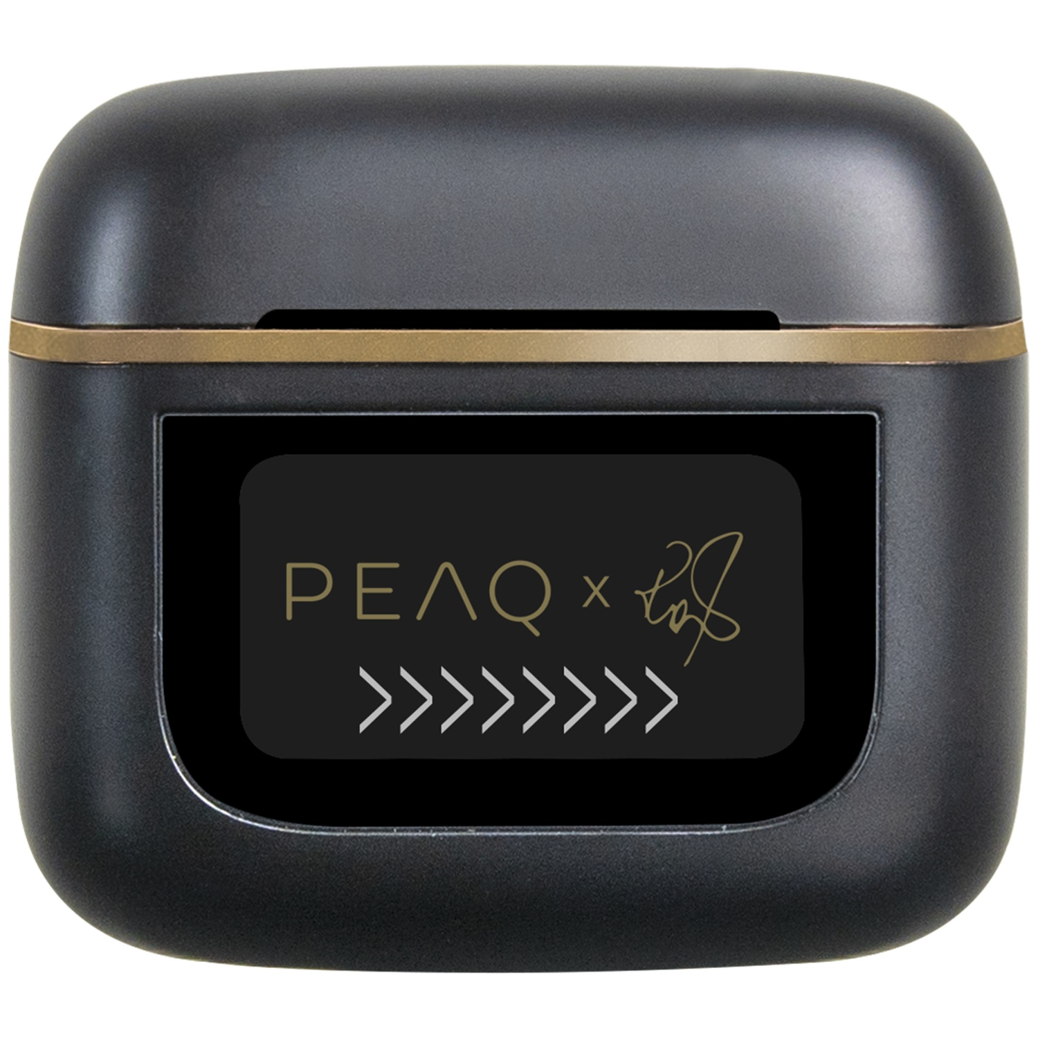 Black earbud case with gold trim. It has a black rectangular display with white arrows and text: PEAQ x signature.