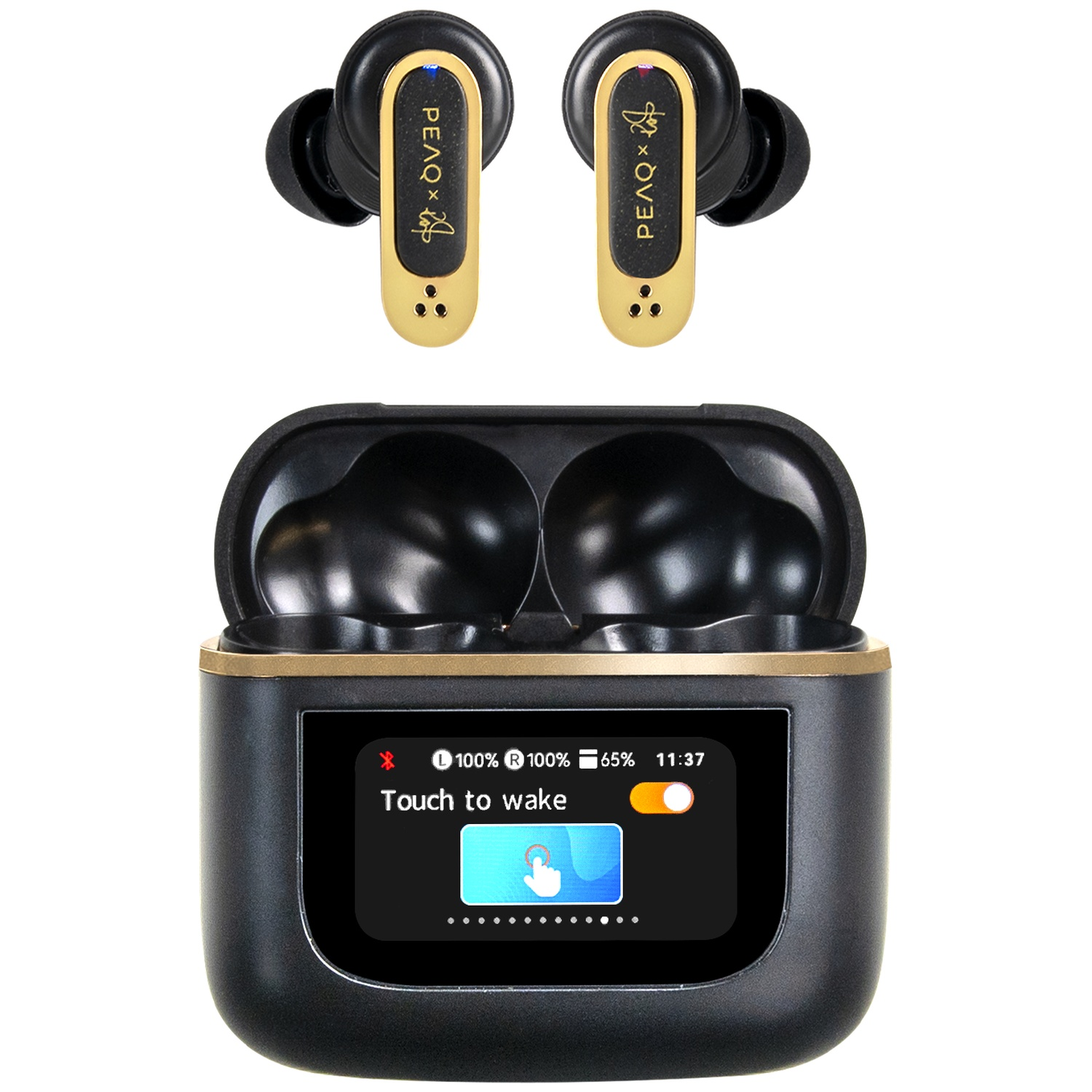 Black and gold wireless earbuds with a charging case. The case has a screen displaying battery and time. Earbuds show PEAQ logo.