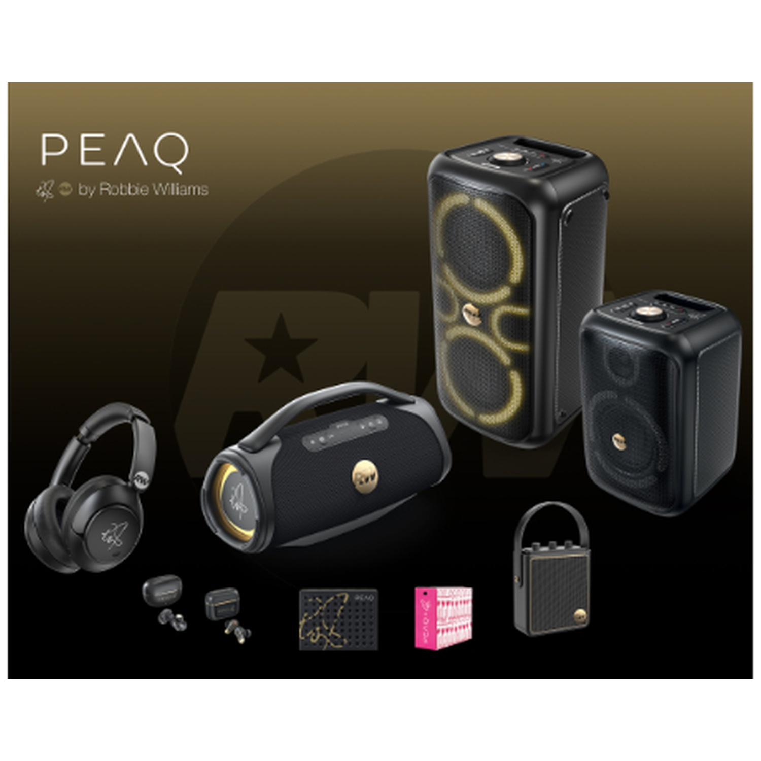 Various black PEAQ speakers and audio devices, including headphones, portable speakers, and earbuds, arranged on a dark background.