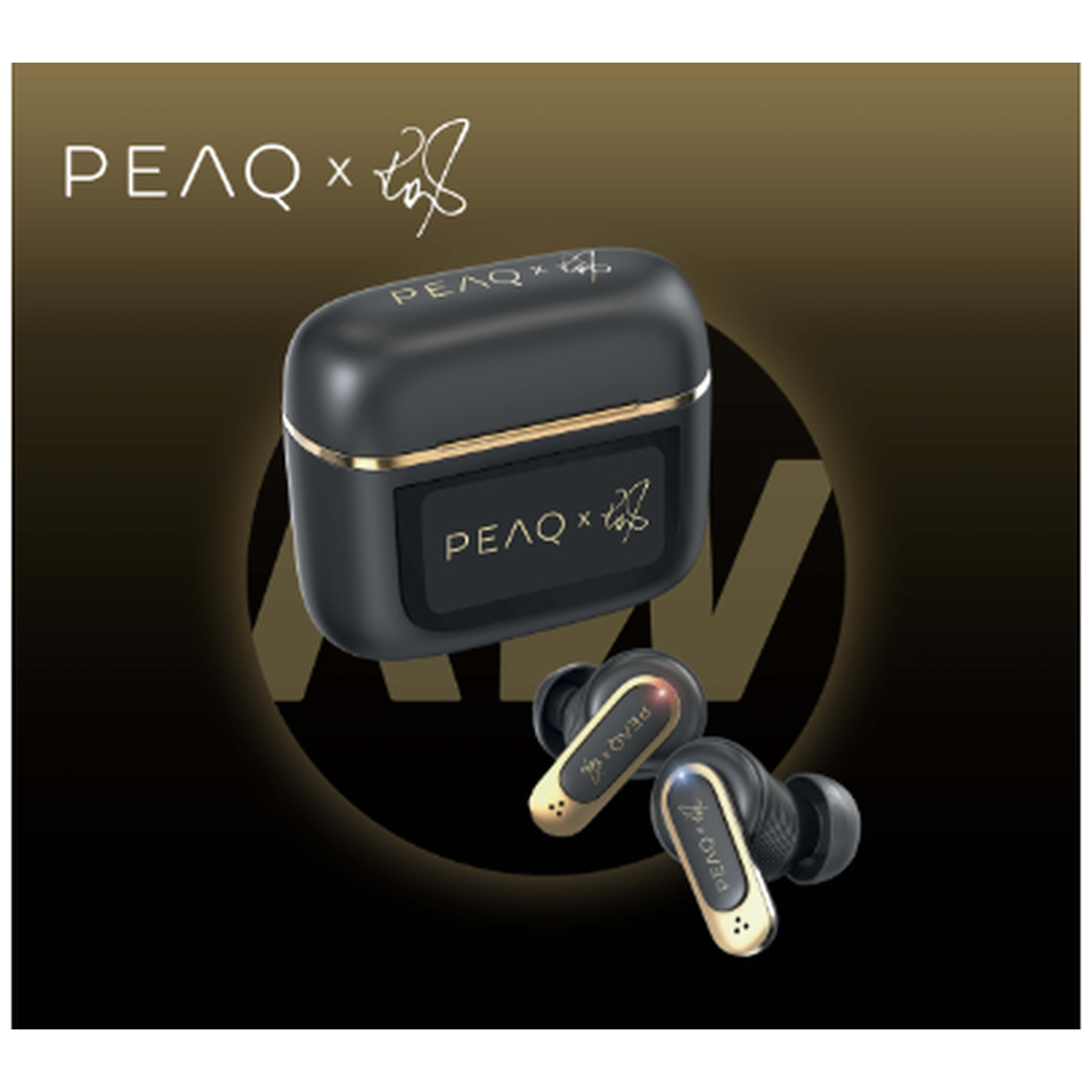 Black PEAQ earbuds and charging case with gold accents. The background is dark with a logo.