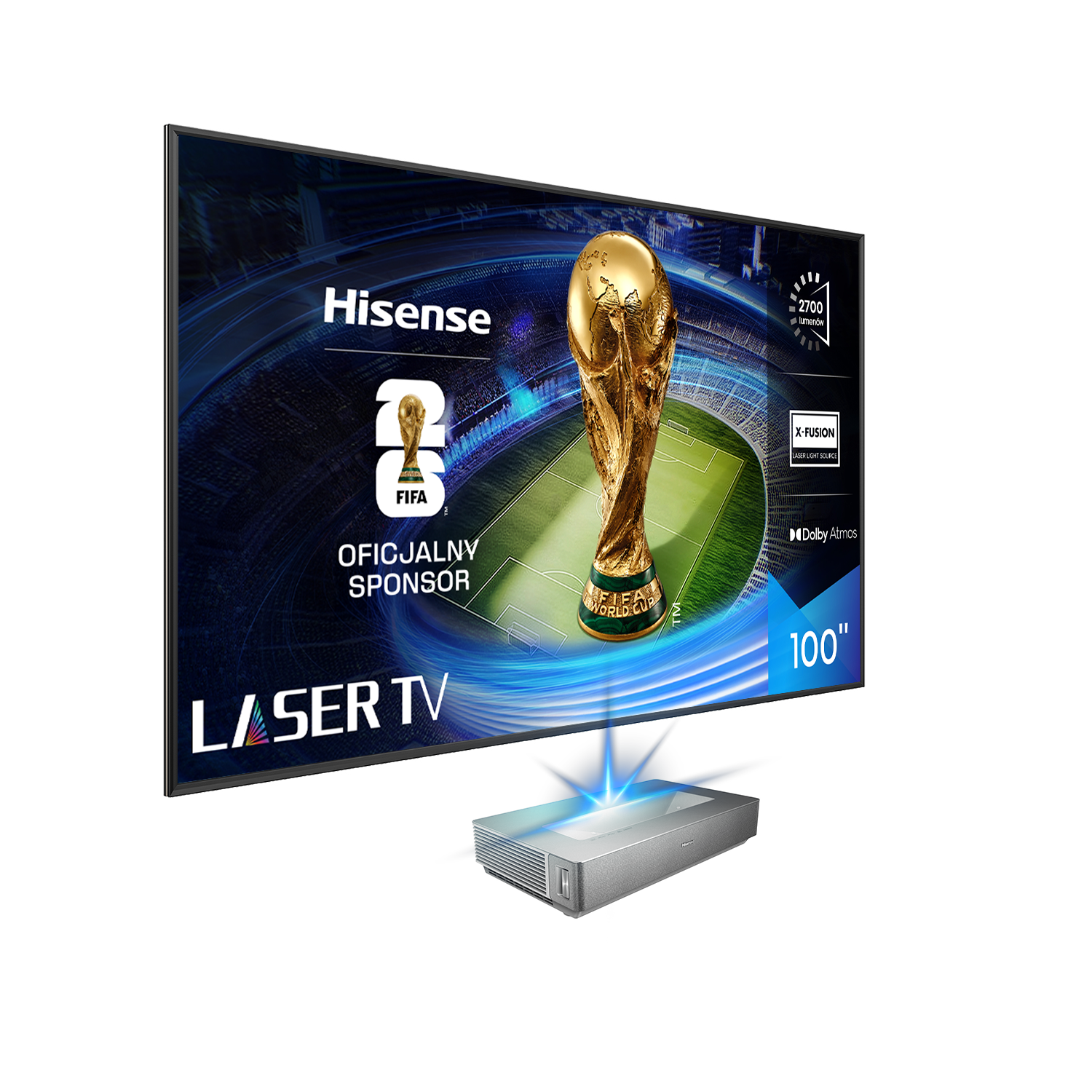 Telewizor laserowy Hisense wyświetla trofeum Mistrzostw Świata FIFA. Ekran pokazuje stadion i ma etykietę 100 cali. Poniżej znajduje się projektor.