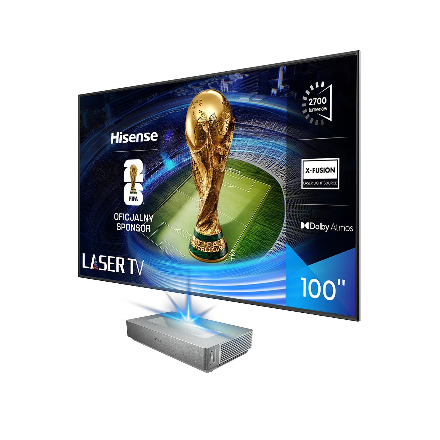 Telewizor laserowy Hisense wyświetla złote trofeum FIFA World Cup. Zawiera 100", Dolby Atmos i X-Fusion. Poniżej znajduje się projektor.