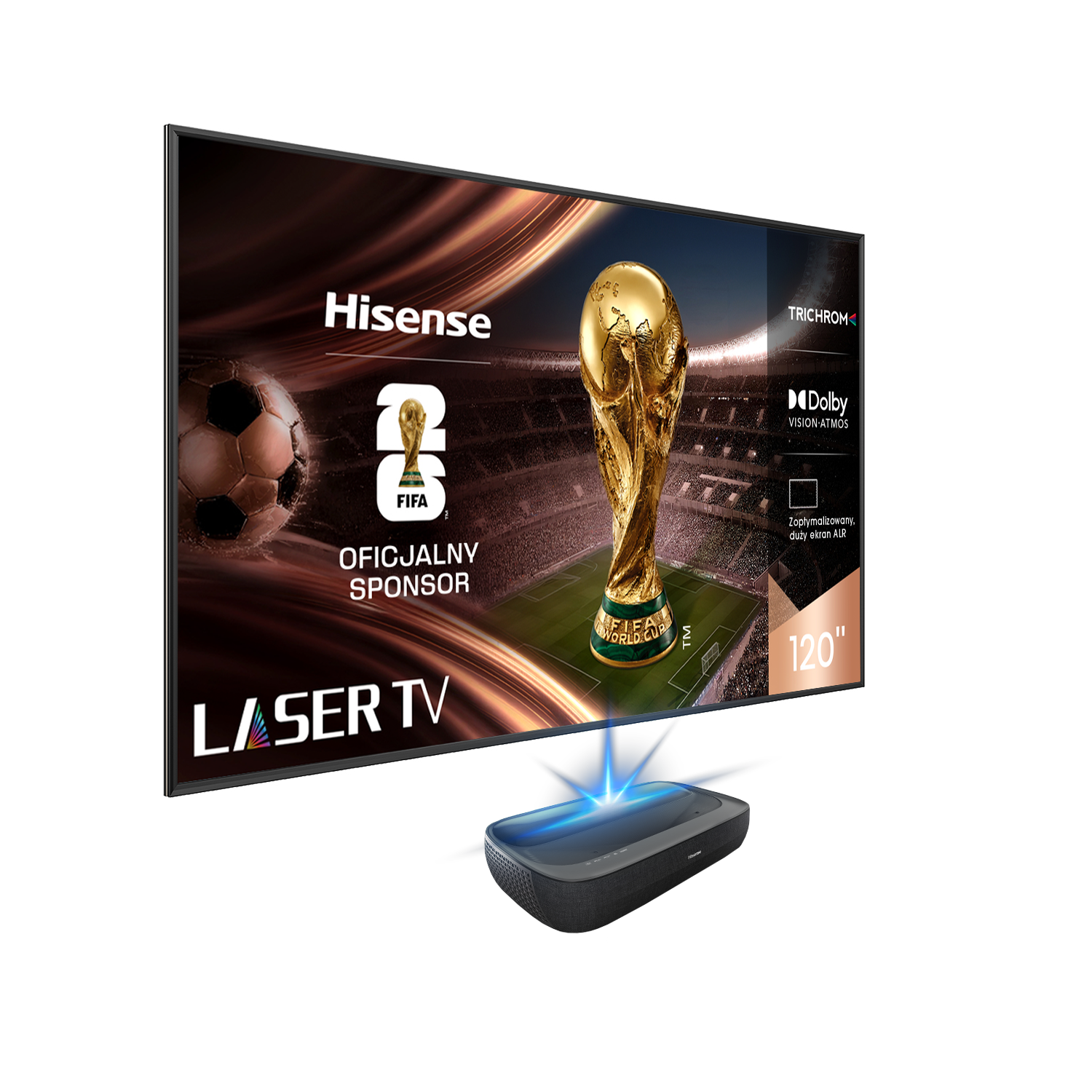 Telewizor laserowy Hisense z piłką nożną i trofeum FIFA na ekranie. Poniżej projektor.