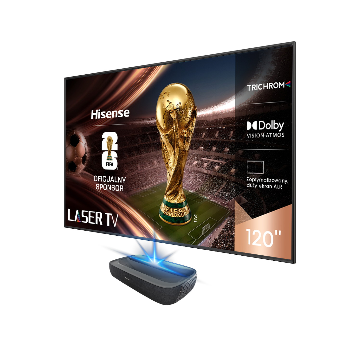 Telewizor laserowy Hisense wyświetla scenę z Mistrzostw Świata FIFA. Złoty puchar na zielonym boisku. Ekran ma 120 cali.