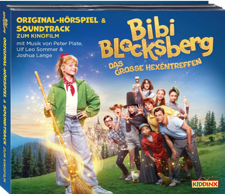 Cover für den Film-Soundtrack 'Bibi Blocksberg'. Bibi hält einen Besen, umgeben von anderen Charakteren auf blauem Grund.