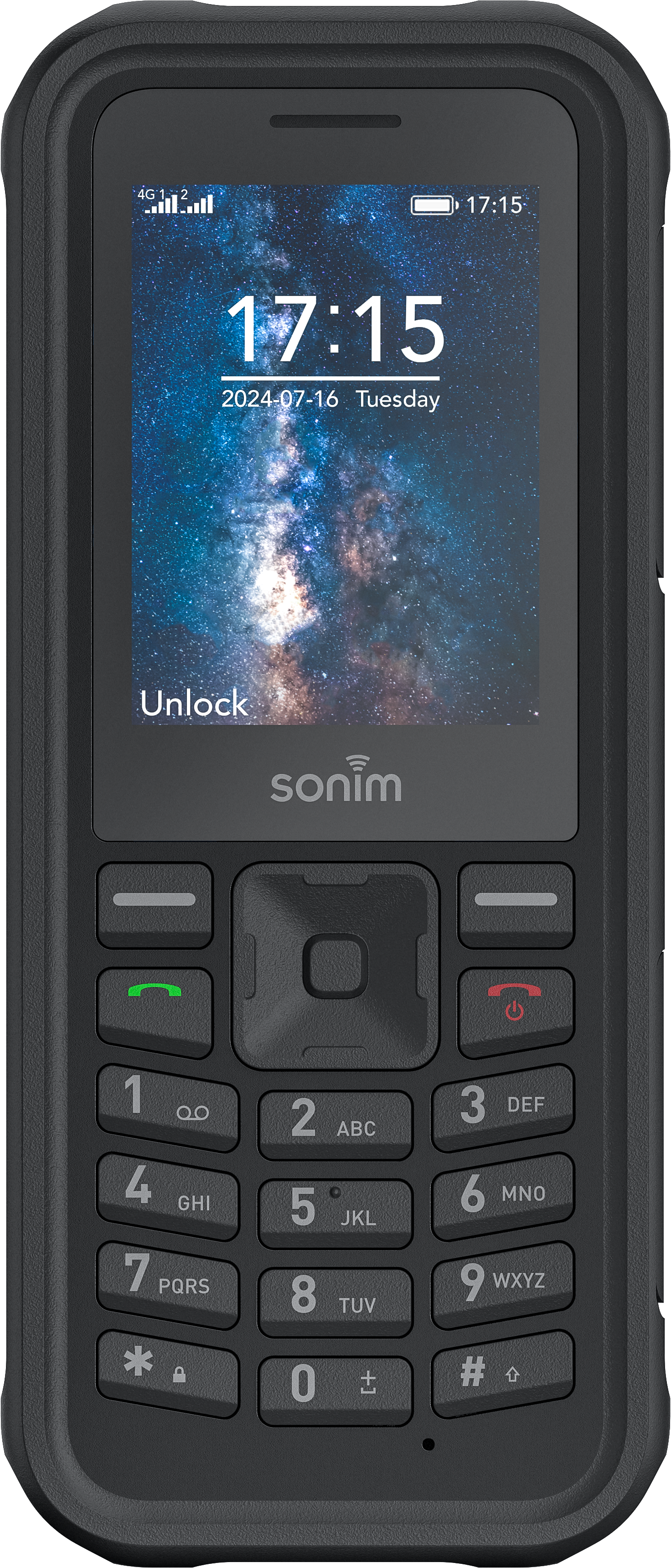Ein schwarzes Sonim-Telefon zeigt die Uhrzeit 17:15 mit einem Sternenhintergrund. Es hat eine Tastatur und einen Bildschirm.