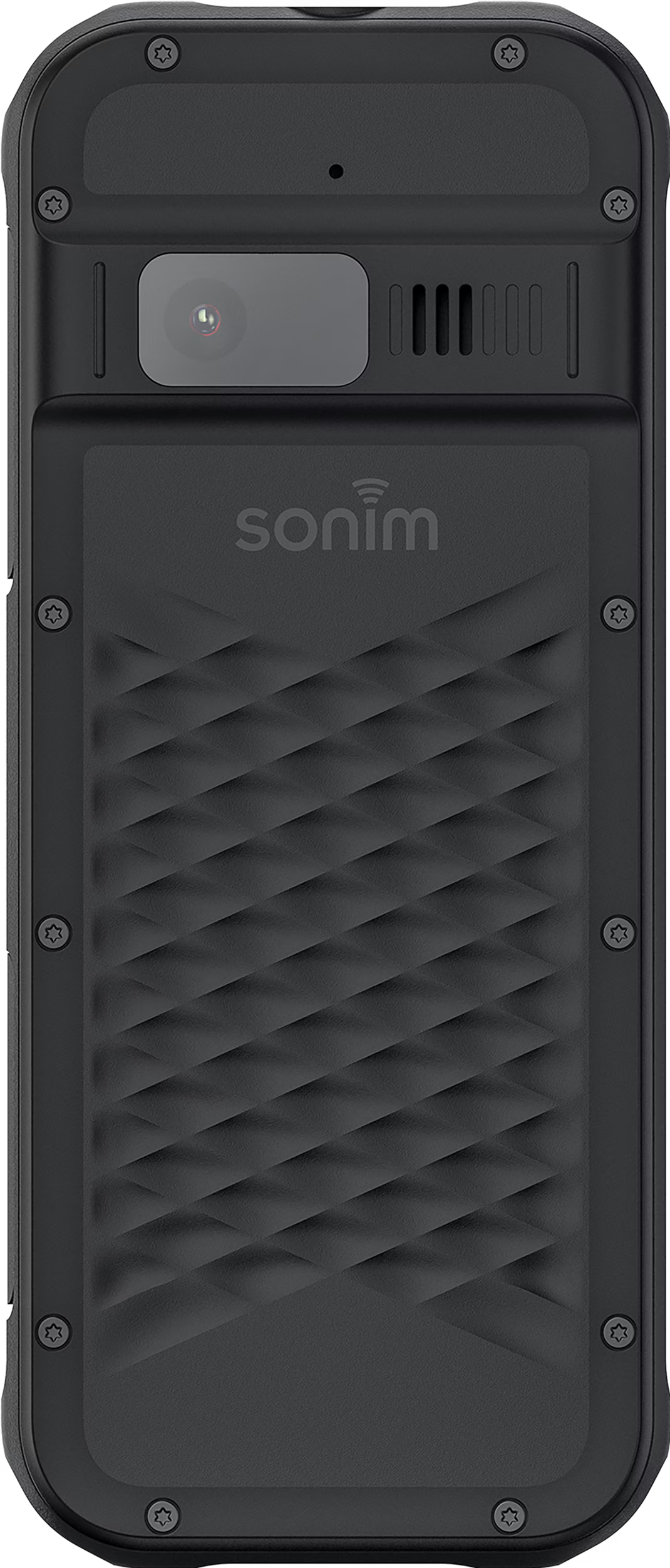 Schwarzes Sonim-Telefon. Hat Kamera, Lautsprecher und Logo. Die Rückseite hat ein strukturiertes Muster, umgeben von Schrauben.