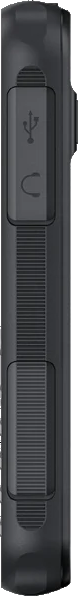 Seitenansicht eines schwarzen Geräts. Merkmale sind ein USB-Anschluss, Kopfhöreranschluss und ein geriffelter Abschnitt. Schwarzer Hintergrund.