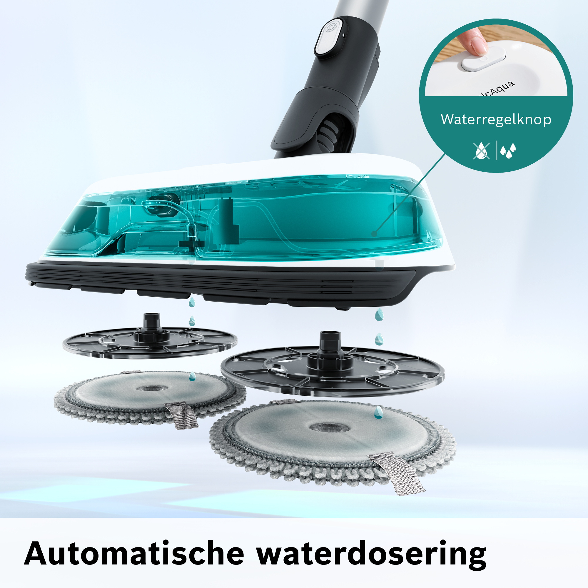 Diagram of a cleaning device with water droplets, showing automatic water dosing and a water regulation button.