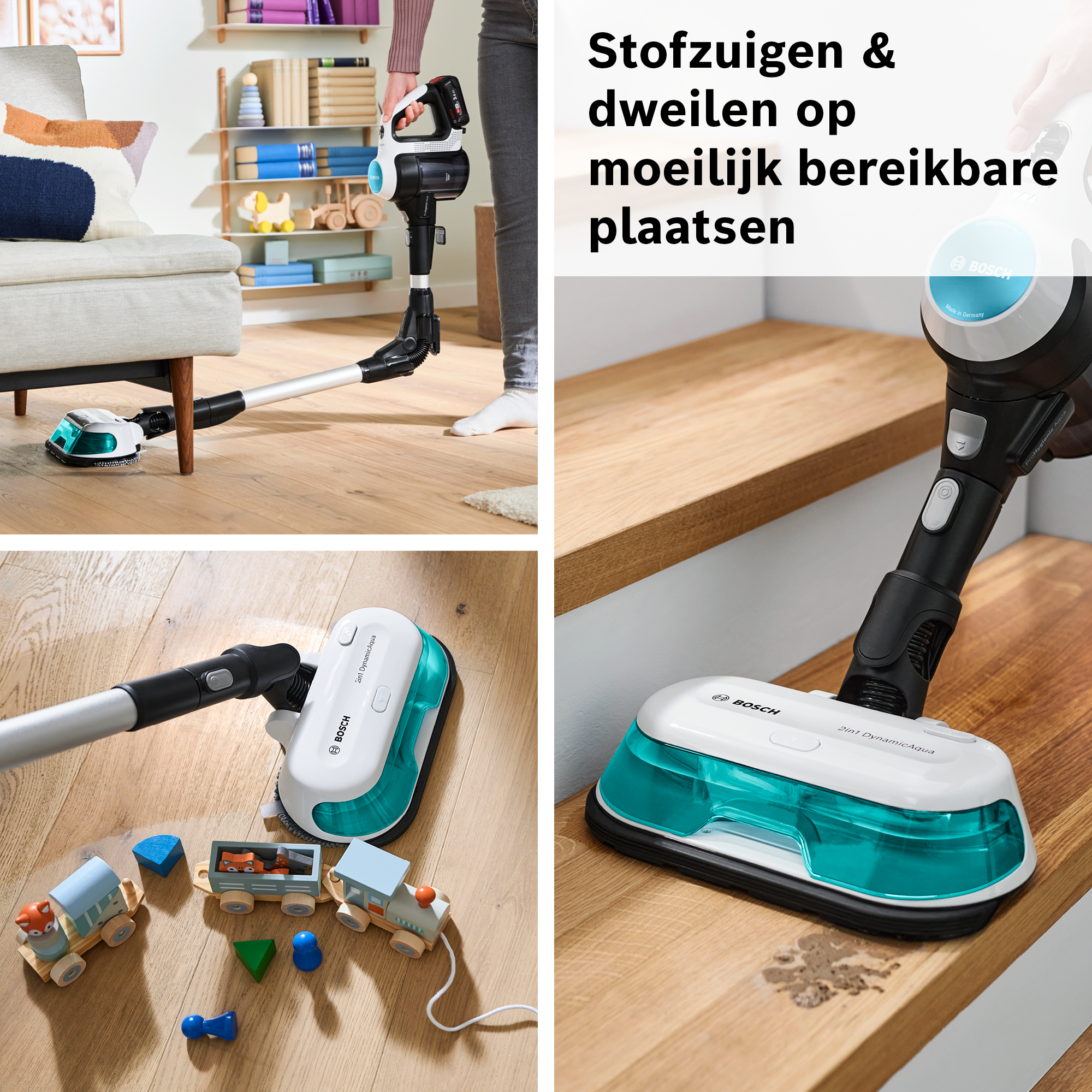 A white and black Bosch vacuum cleaner is cleaning a wooden floor and stairs. The image has text in Dutch.