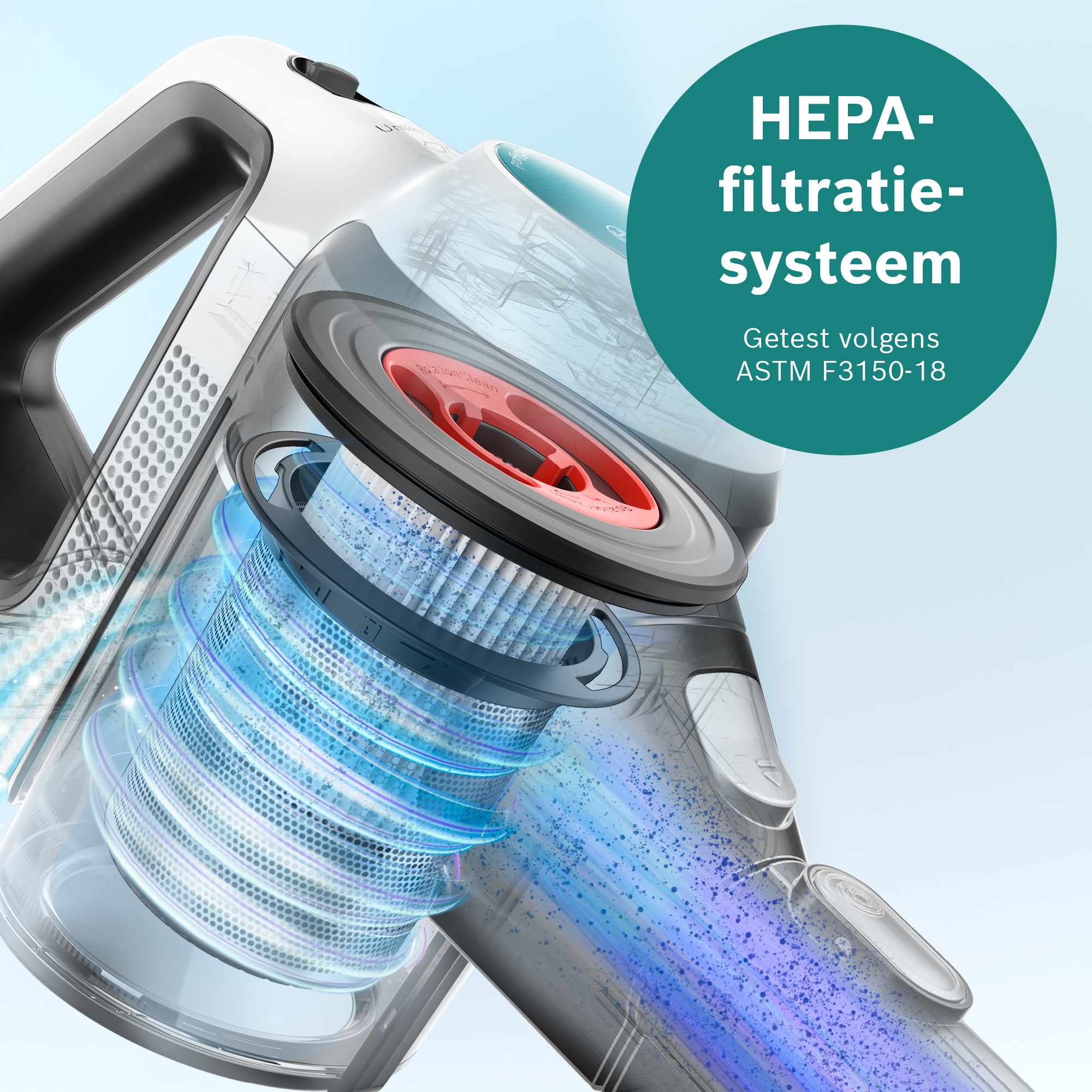 Vacuum cleaner with filter. HEPA filtration system shown with blue particles. Teal circle with text. White and gray.
