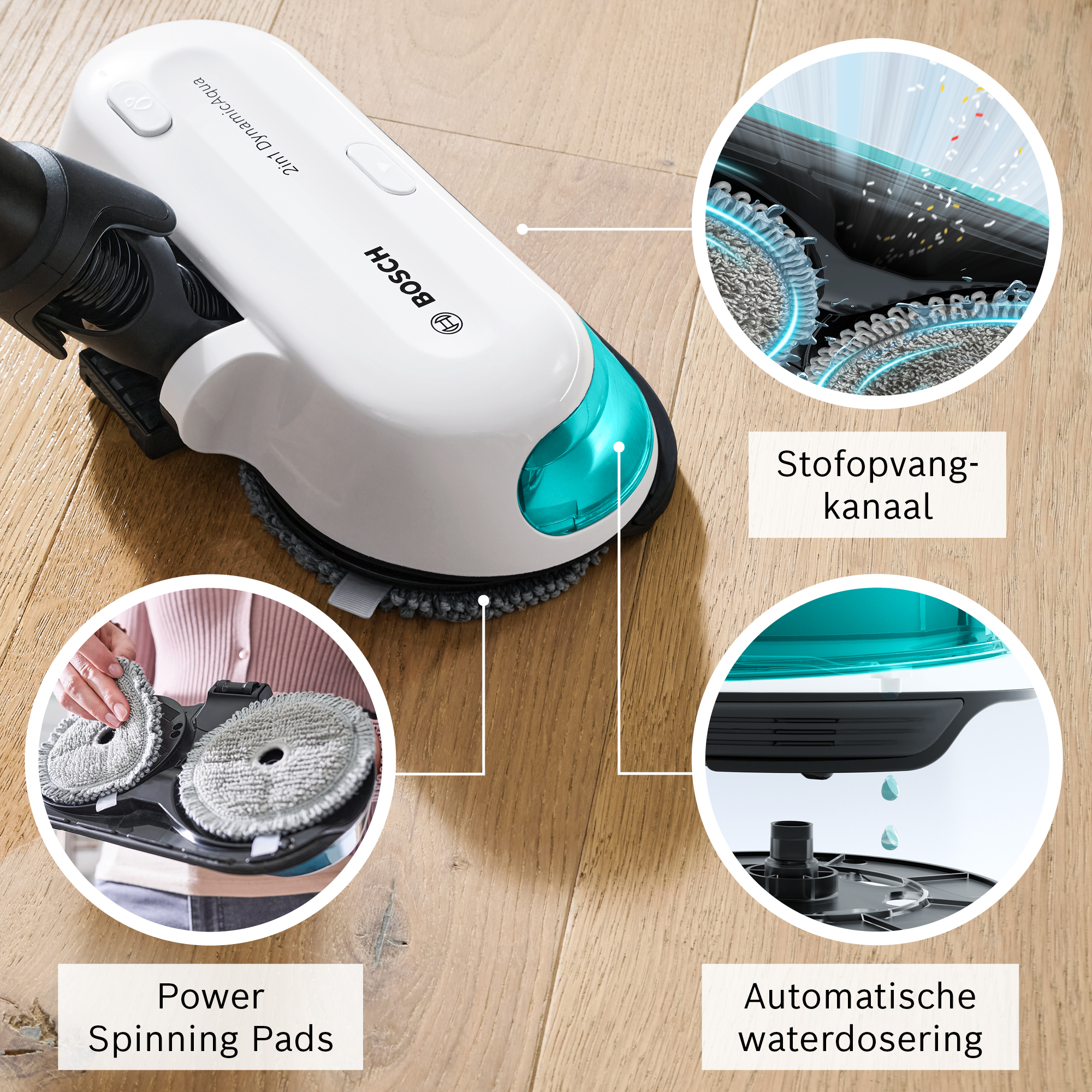 Bosch 2in1 DynamicAqua cleaner with spinning pads, automatic water dosing, and a dust collection system. Wood floor background.