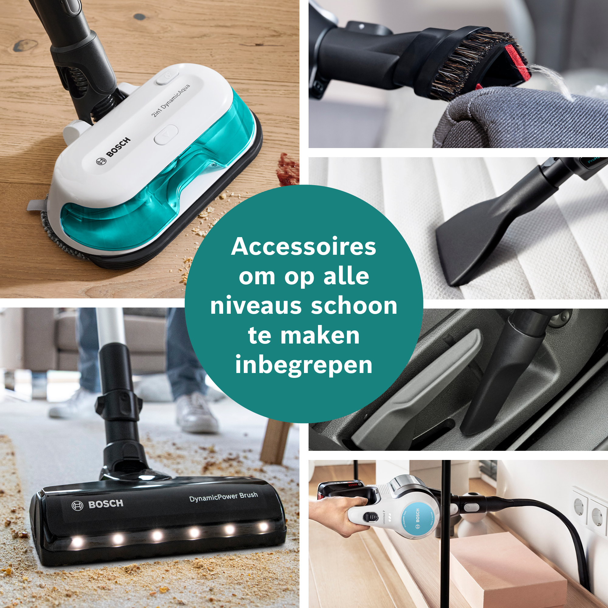 Collage of Bosch vacuum cleaner accessories, including a brush, crevice tool, and a 2-in-1 DynamicAqua head. Text: 'Accessories to clean all levels included'.