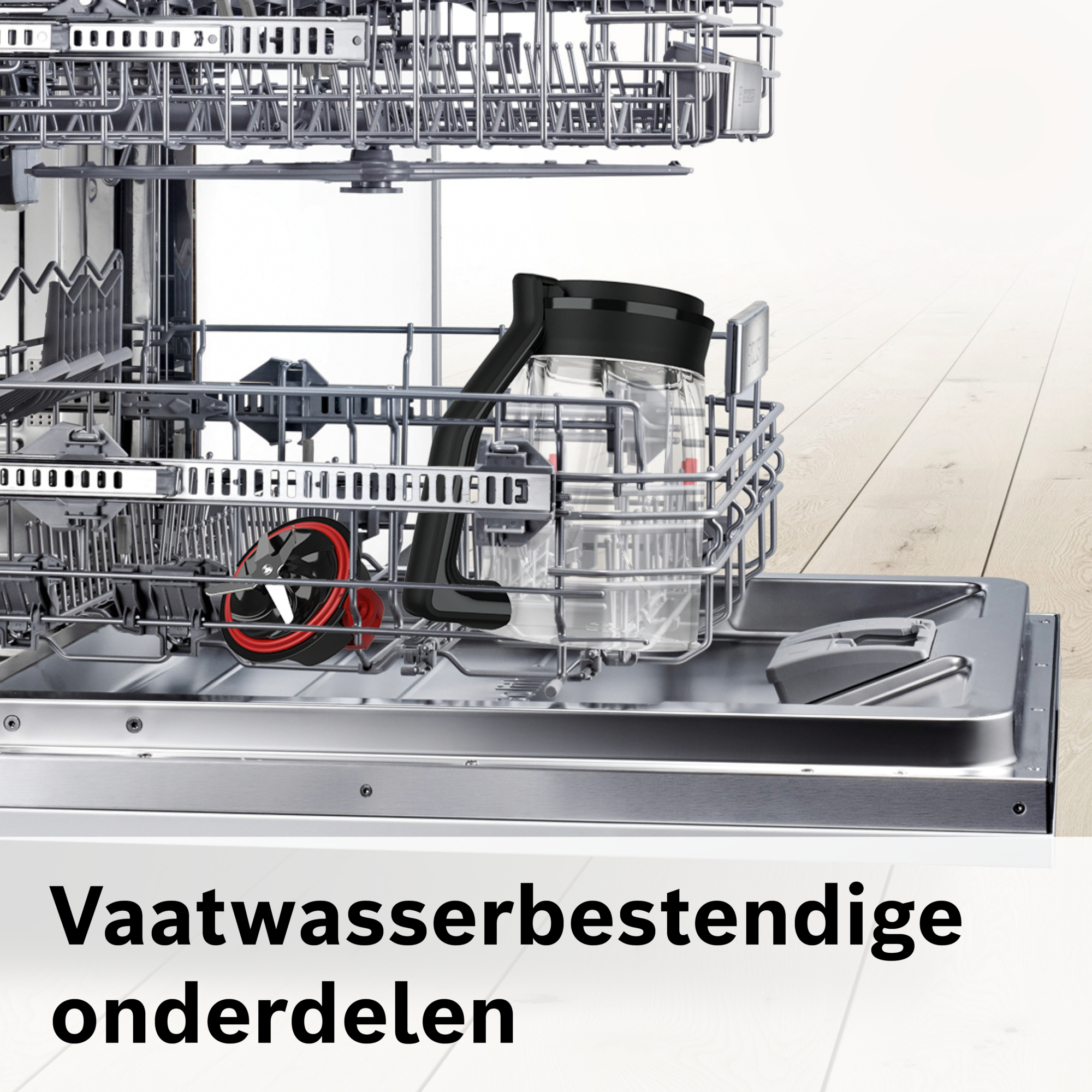 Dishwasher interior with a blender jug and parts. Stainless steel racks hold items. Text: Dishwasher safe parts.