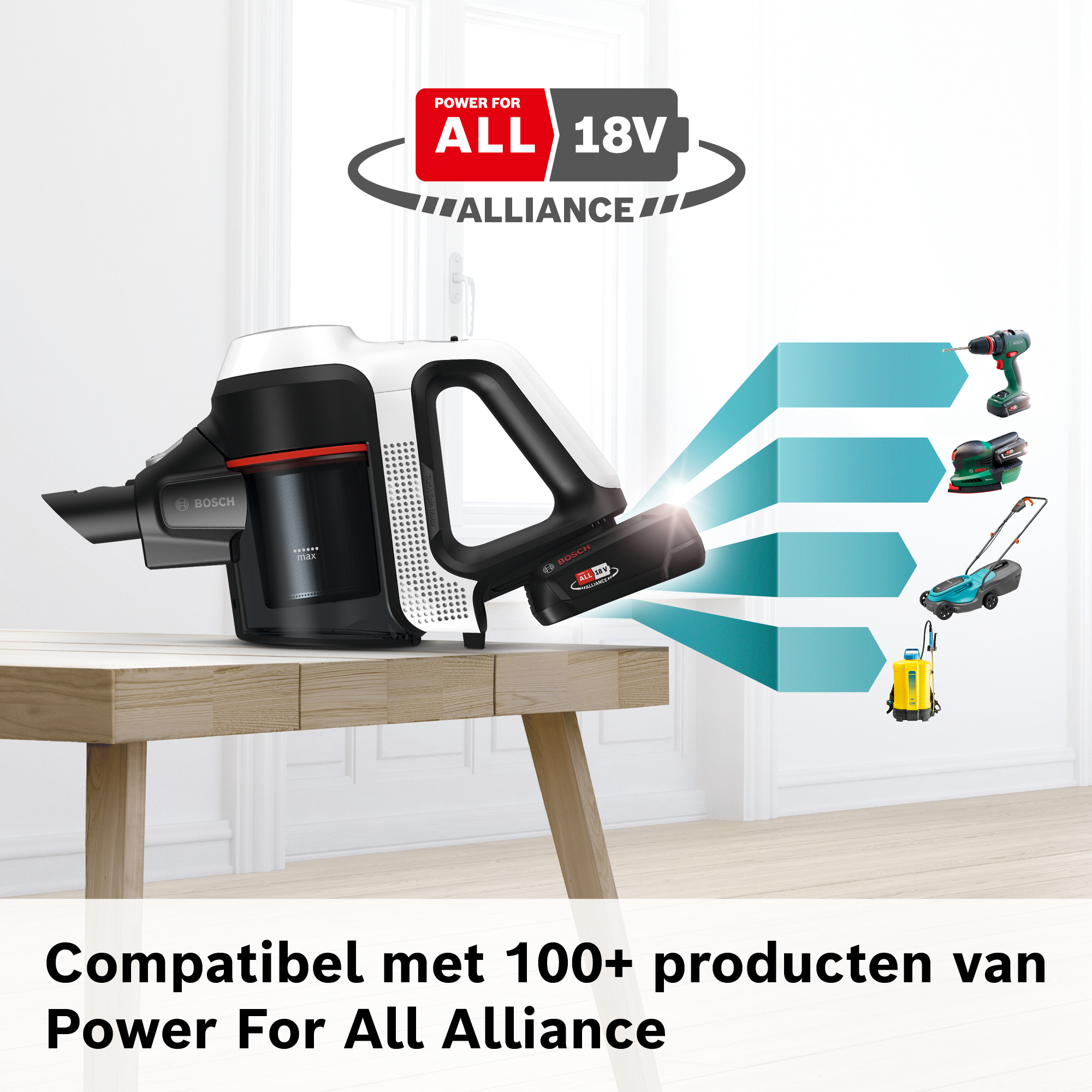 A black and white Bosch vacuum cleaner on a wooden table. Shows other tools with the Power for All 18V Alliance.