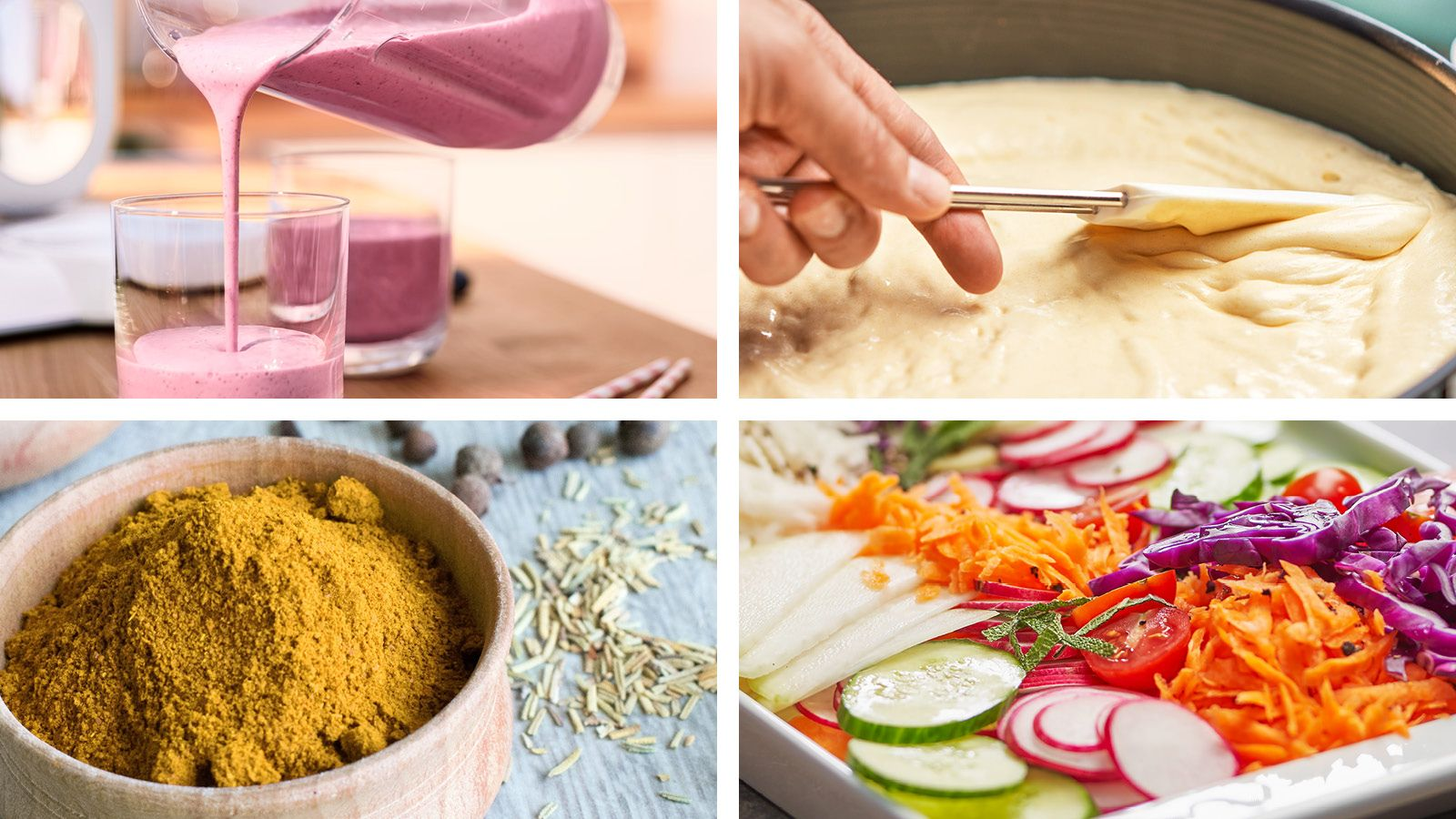 De afbeelding toont een smoothie die wordt gegoten, cakebeslag dat wordt gladgestreken, kerriepoeder en een salade met groenten.