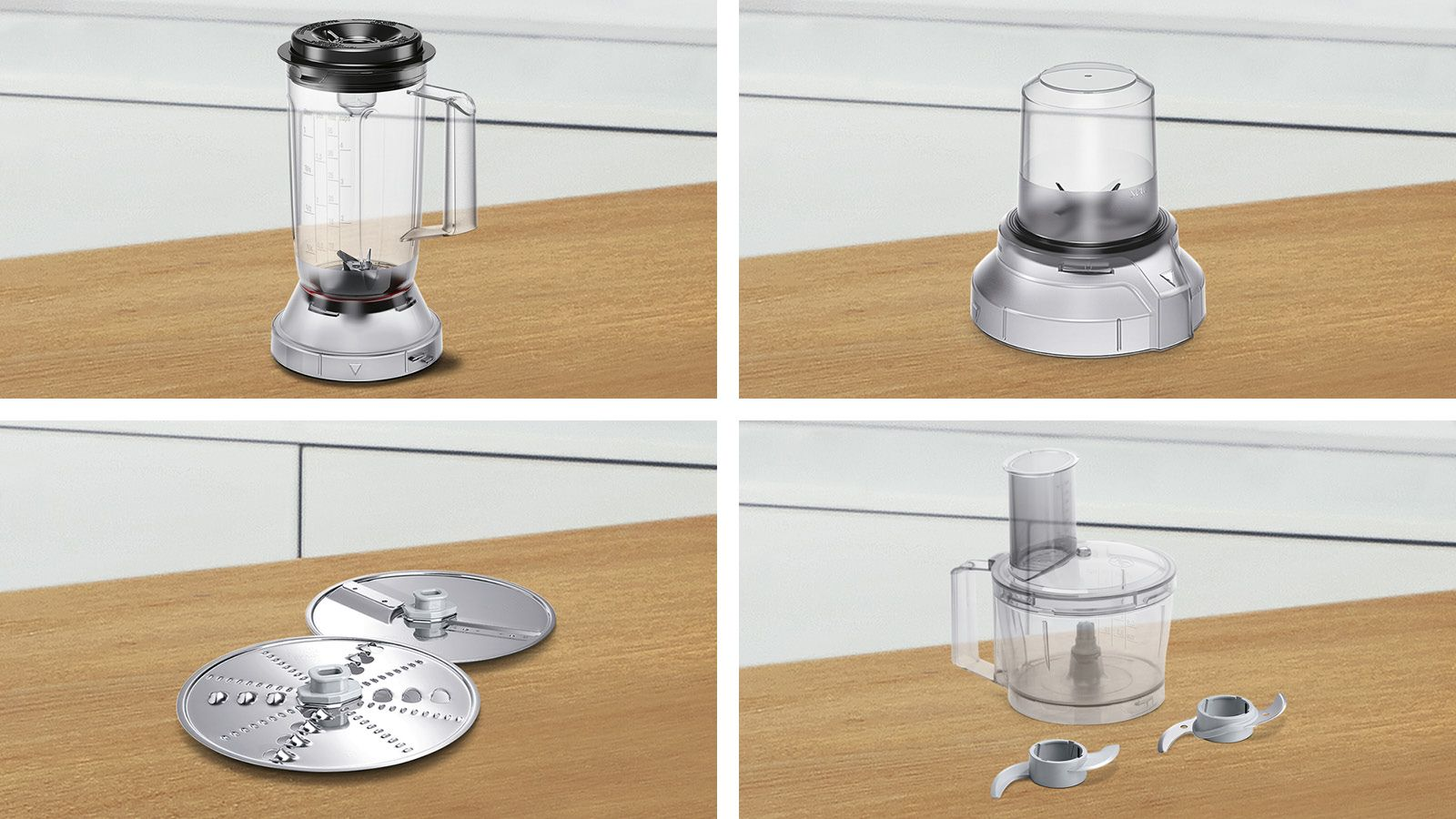 Vier afbeeldingen van een keukenapparaat met verschillende opzetstukken, waaronder een blender, een keukenmachine en messen, op een houten oppervlak.
