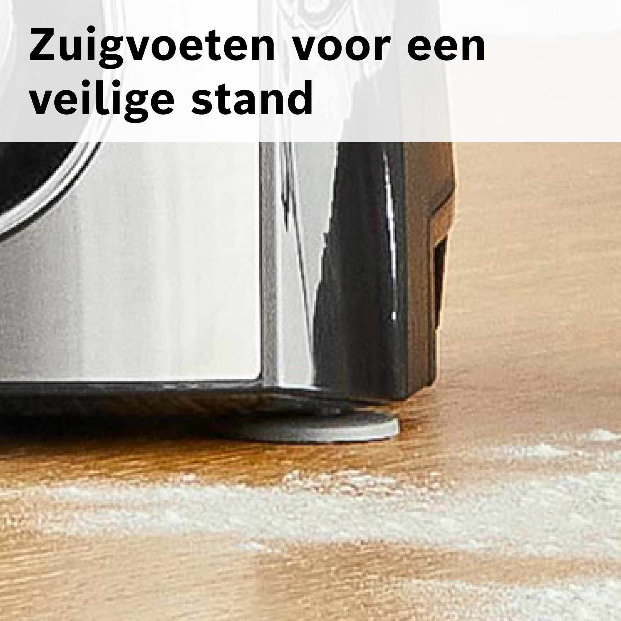 Close-up van een keukenapparaat met zuignapvoeten. Tekst: 'zuignapvoeten voor een veilige stand'.