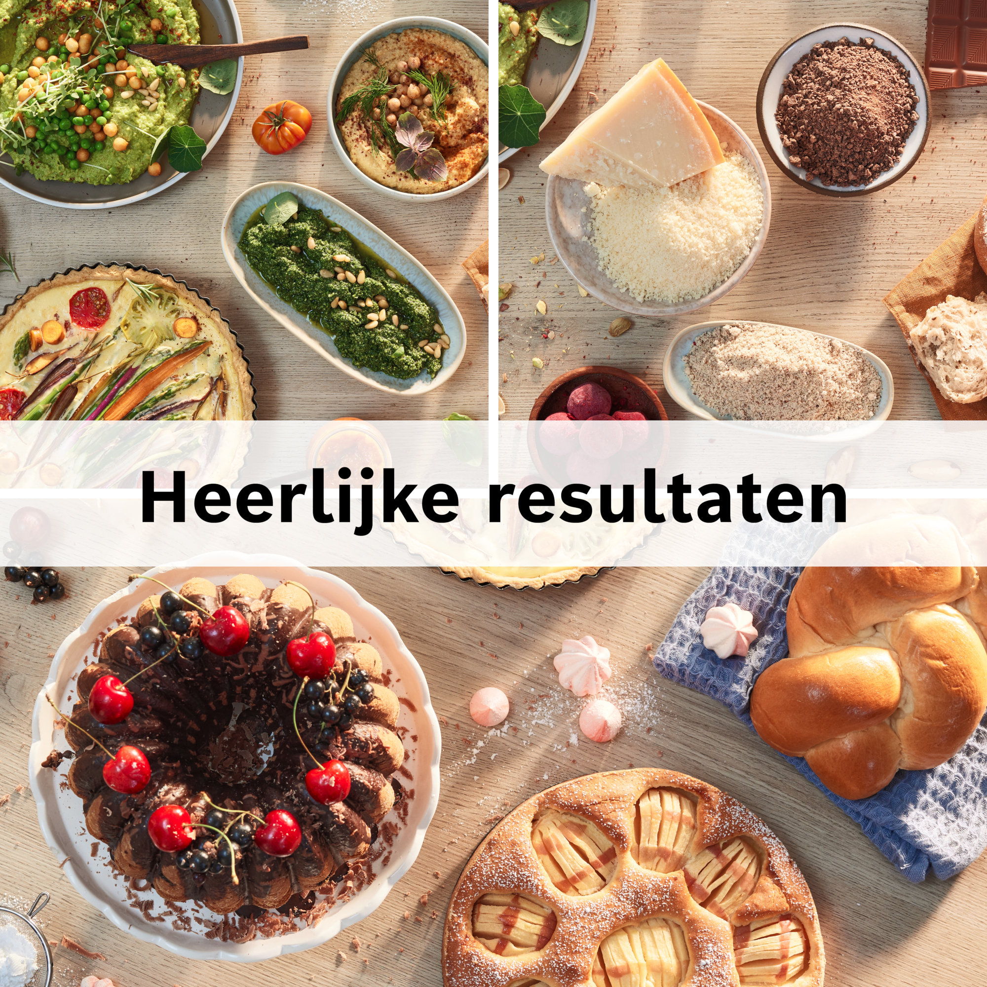 Overzichtsfoto van diverse etenswaren: hummus, pesto, taarten, cake met kersen en brood op een houten tafel.